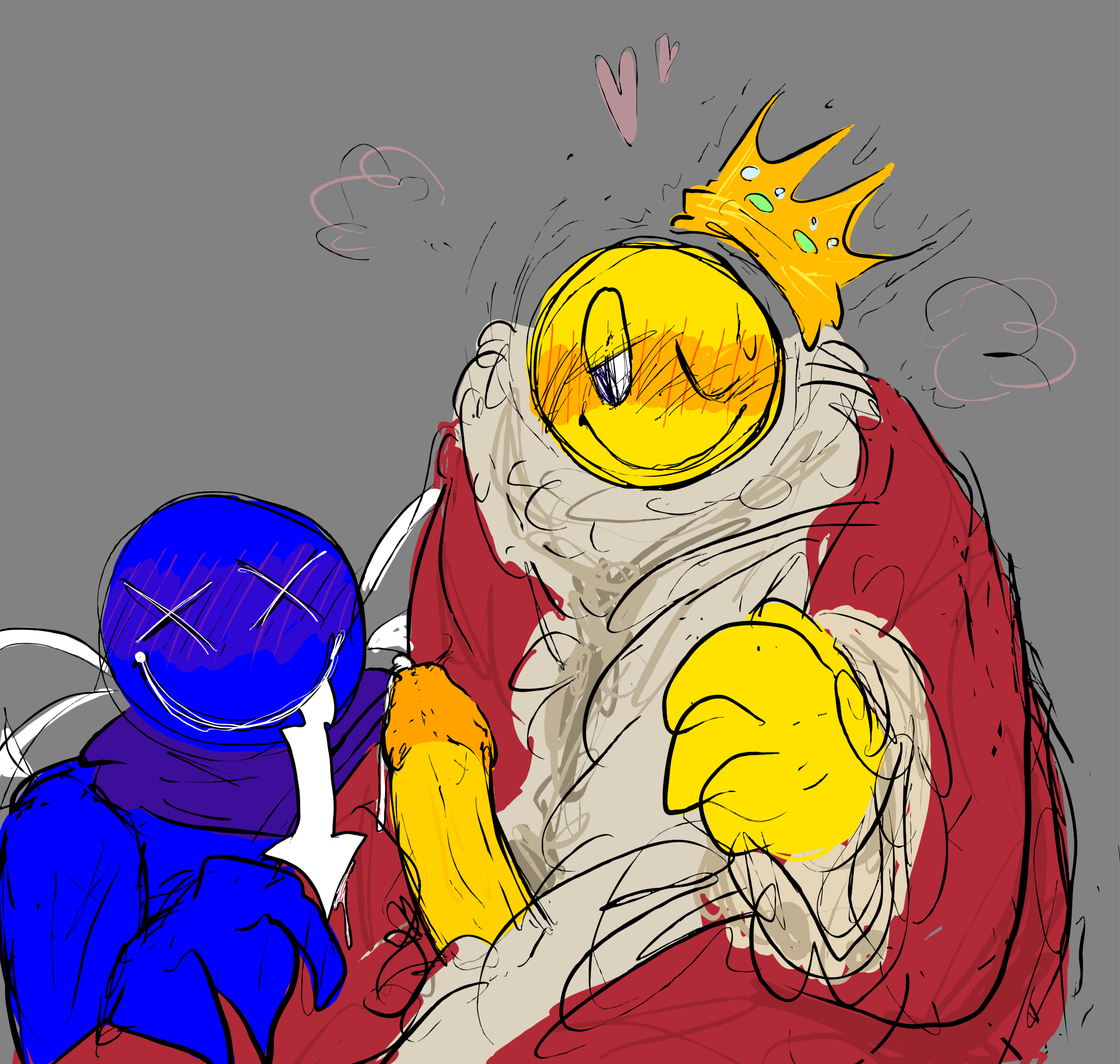 2025, 2boys, 2d, 2d (artwork), 2d artwork, 4 fingers, anthro, anthrofied, artwork (digital), before blowjob, before oral, blue body, blue skin, blush, circle head, cock, color, colored, crown, dick, digital, digital art, digital drawing, digital drawing (artwork), digital media (artwork), dozer (grace), duo, duo focus, duo male, eyes, foreskin, gay, gay male, glans, grace (roblox), gray background, half-closed eye, hat, implied blowjob, implied oral, kookoo (grace), looking at another, looking at partner, male, male only, male/male, multiple boys, nsfw, out of frame, penis, penis out, precum, precum drip, precum string, roblox, roblox game, rough sketch, rule34, saliva, saliva drip, saliva string, saliva trail, simple background, smile, smiling, tagme, textless, tongue, tongue out, yellow body, yellow penis, yellow skin