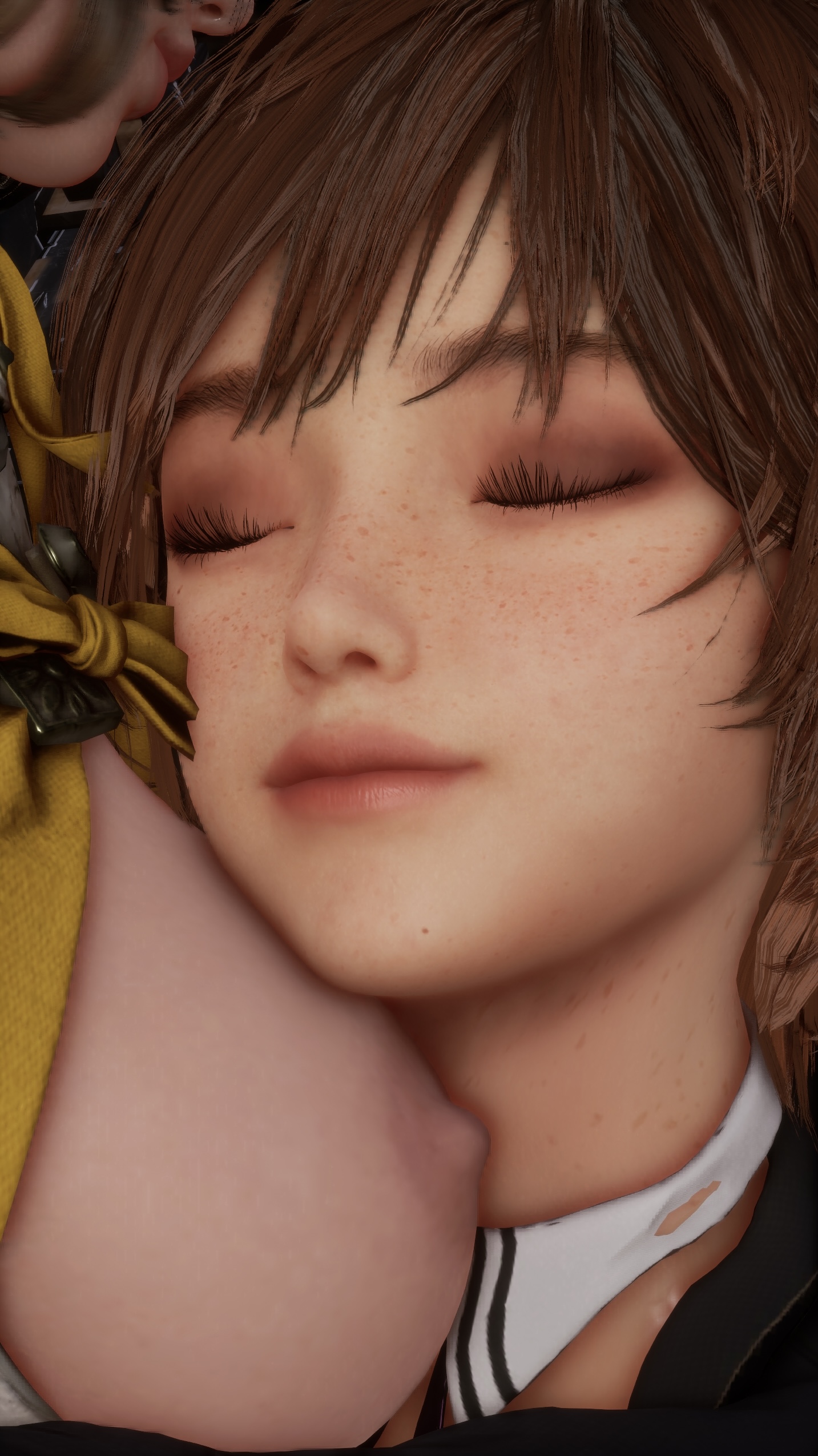 2girls, 3d, breasts, breasts out, brown hair, close-up, closed eyes, eve (stellar blade), face to breasts, female, female only, lily (stellar blade), lily artemis ii, multiple females, multiple girls, screenshot, smile, stellar blade, stellarboi, yuri