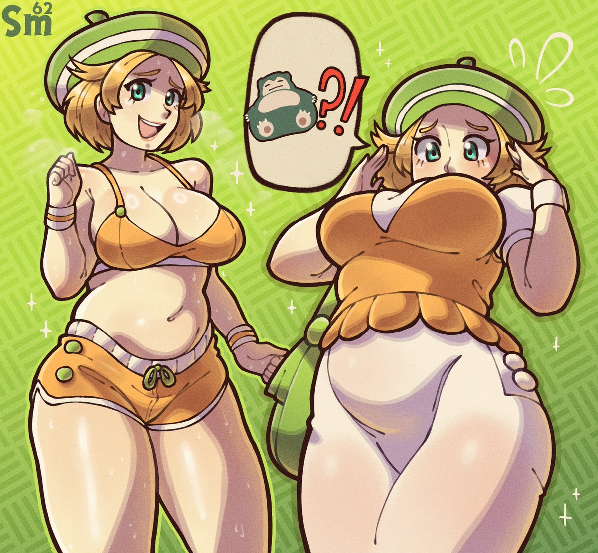 !?, bianca (pokemon bw), bianca (pokemon), bikini, blonde hair, breasts, cleavage, curvy, female, green eyes, hat, large breasts, plump, pokemon, pokemon bw, samario, short hair, shorts, thick thighs, thighs