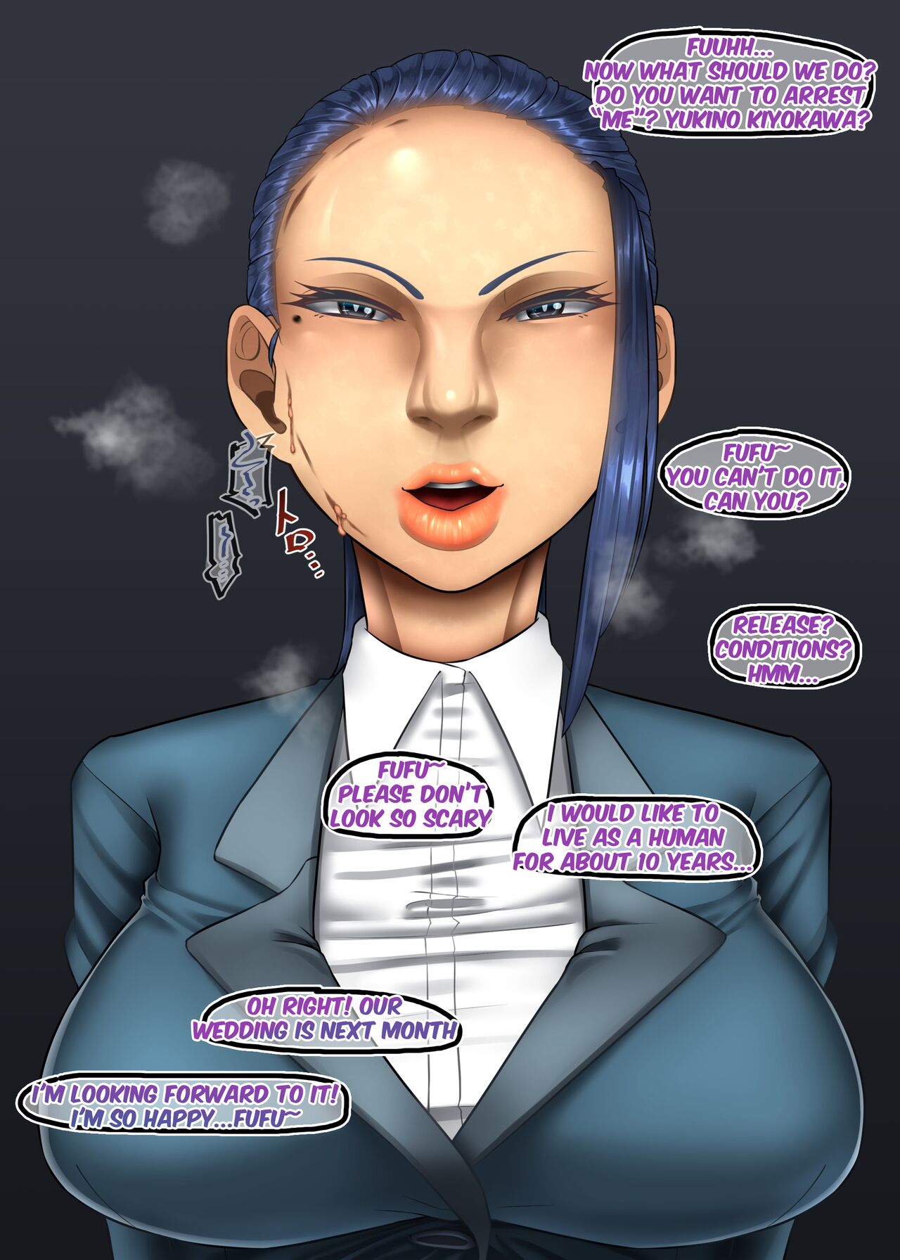 1girls, big breasts, big nose, blowjob, blue eyes, blue hair, blush, bodysuit, bondage, breasts, calling for help, captive, captured, clothing, cumming, cumming while penetrating, english text, female, formal wear, full body, full-face blush, helpless, impostor, light skin, living clothes, long duration, long duration bondage, long duration stimulation, long hair, looking at partner, looking at viewer, mask, mouth mask, mouthful, nose penetration, open clothes, oral, parasite, permanent bondage, ponytail, rape, raped by monster, raped by tentacles, restrained, restraints, sakasamasakasa, saliva, steam, steaming body, stretching, stretching mouth, sweat, talking to partner, tentacle, tentacle rape, tentacle sex, text, thick lips, tragic fate