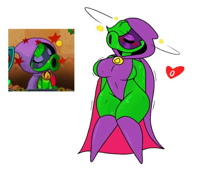 blush, breasts, cloak, closed eyes, comparison, female, glazedbun, green shadow (pvz), hooded cloak, imminent defeat, large breasts, leotard, plants vs zombies, plants vs zombies heroes, plants vs zombies: heroes, plants vs. zombies, screenshot, sideboob, simple background, thick thighs, white background