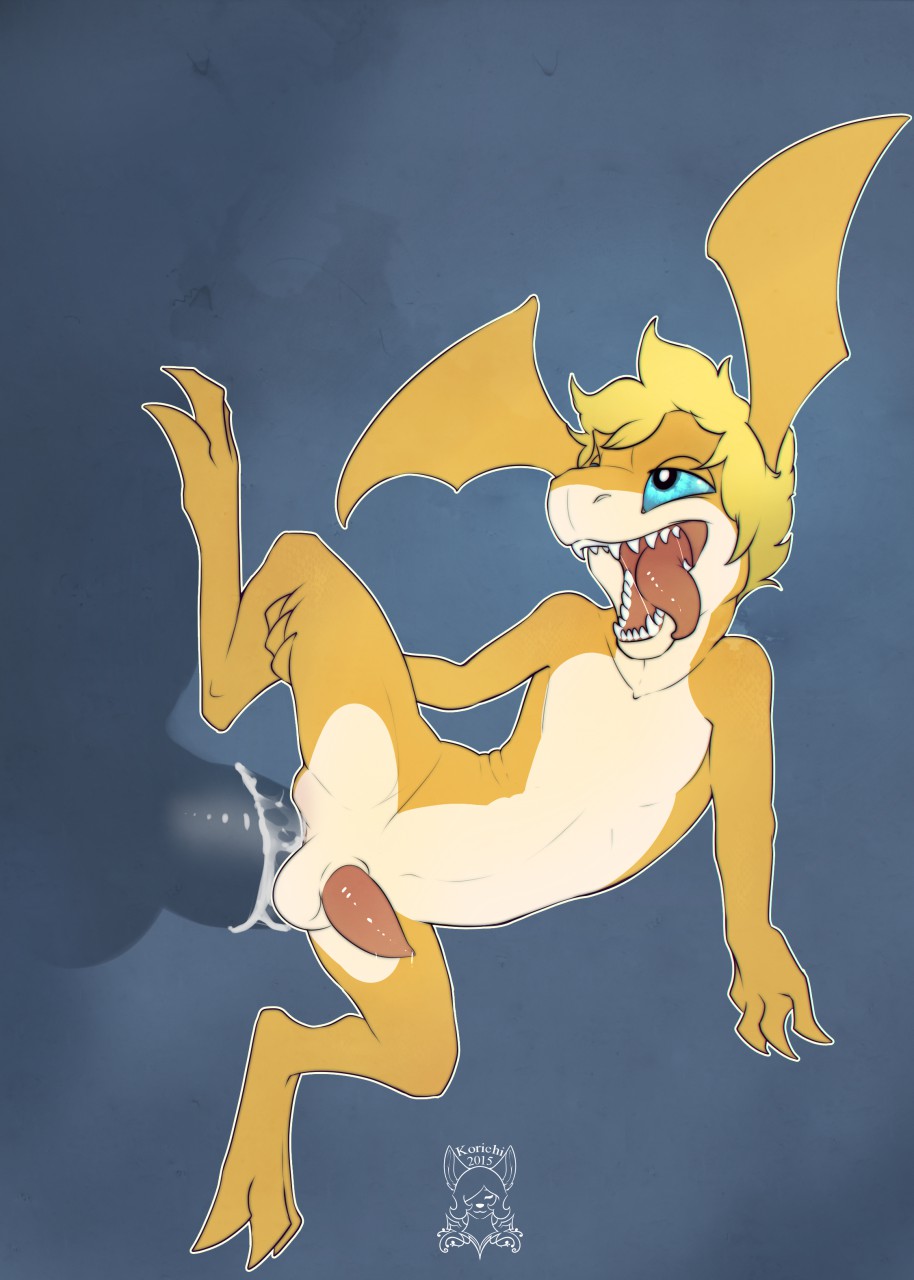 alternate_species anthro barefoot cum cum_from_ass cum_in_ass cum_inside front_view headwings holding_leg kobold korichi looking_pleasured male neopatamonx nude one_leg_up open_mouth scalie sharp_teeth signature solo_focus teeth tongue tongue_out yaoi