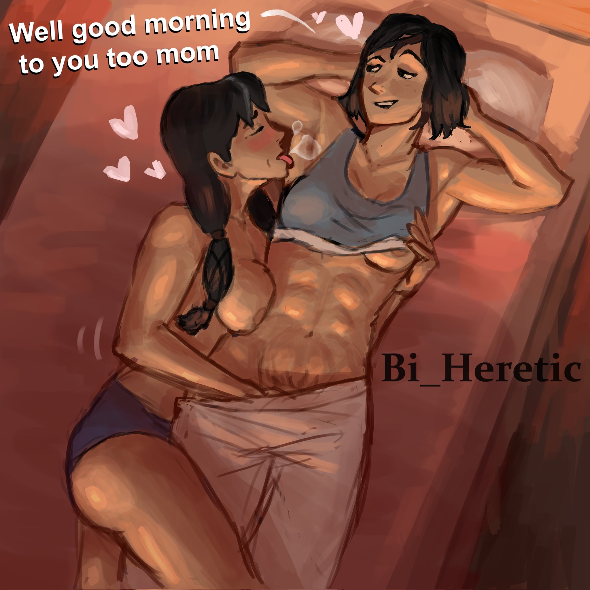 2d, 2girls, abs, age difference, armpit fetish, armpits, ass, athletic, athletic female, avatar legends, avatar the last airbender, bed, bi heretic, breasts, closed eyes, daughter, dialogue, english text, female, female only, female torso, groping, hand in pants, hands behind head, horny female, imminent sex, incest, korra, licking, licking armpit, lying on back, lying on bed, mature, mature female, milf, morning, mother, mother and daughter, muscular, muscular female, panties, pubic hair, pussy, rubbing pussy, senna (tlok), the legend of korra, tongue, topless, touching pussy, vulva handjob, wake up sex, yuri