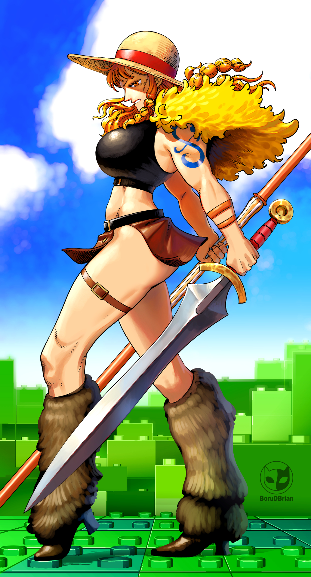 1girls, arm tattoo, bare legs, bare shoulders, bare thighs, big breasts, blue tattoo, borudbrian, breasts, clima-tact, clothed, clothing, color, female, female focus, female only, hat, hi res, large breasts, lego bricks, light skin, light-skinned female, long hair, looking at viewer, nami (elbaf), nami (one piece), one piece, one piece: elbaf arc, orange eyes, orange hair, orange-haired female, shounen jump, solo, solo female, sword, tagme, tattoo, thick thighs