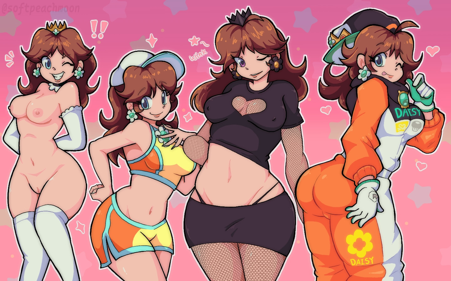 camel toe, cameltoe, clothing, e, ear piercing, female, hi res, legwear, male, mario (series), mario kart, mario kart world, naked, naked female, nintendo, penis, piercing, princess daisy, princess daisy (pro racer), princess daisy (swimwear), pussy, softpeachmoon, solo, stockings, tagme, underwear, undressing