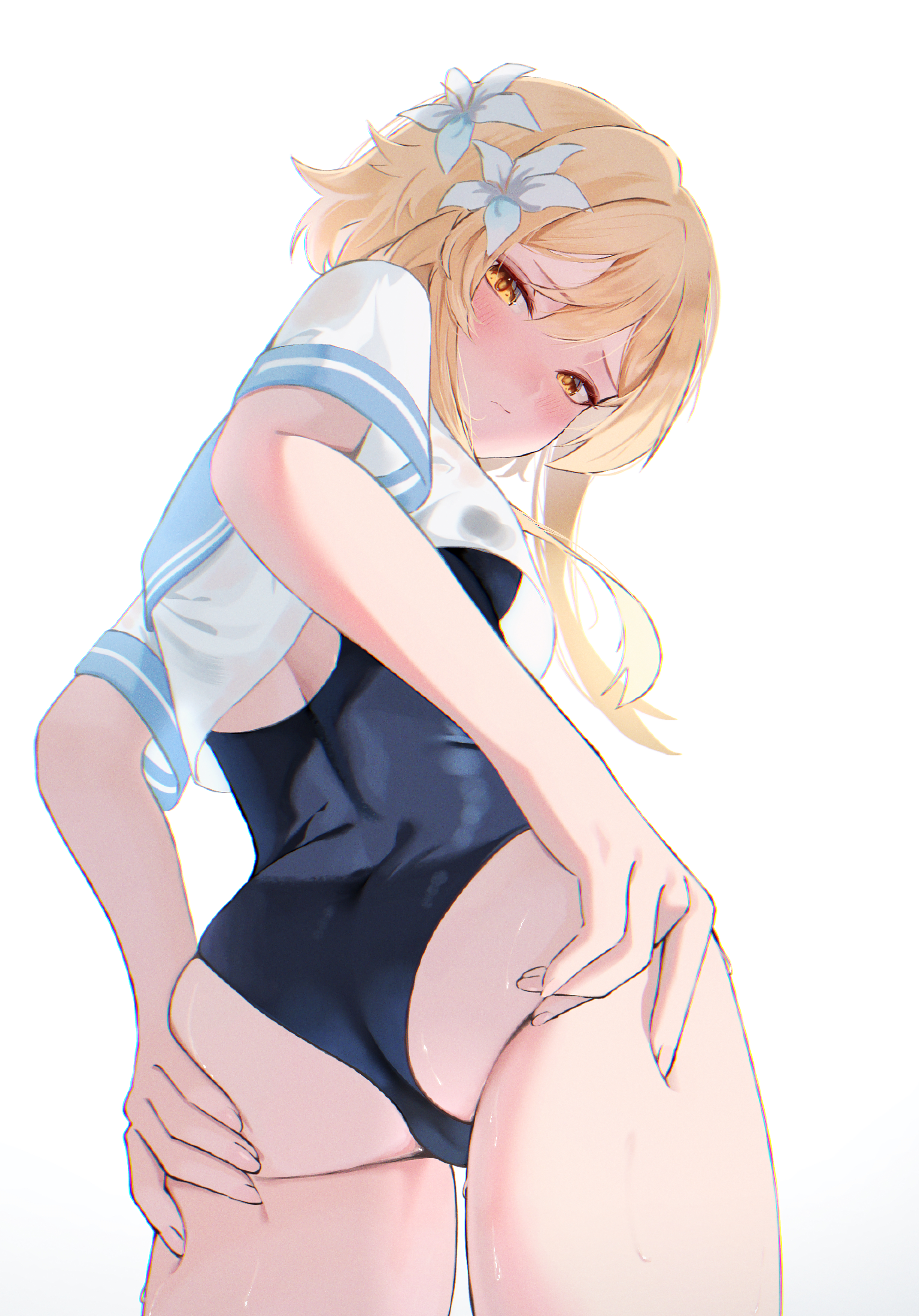 1girls, absurdres, alternate costume, ass, ass focus, blonde hair, blue one-piece swimsuit, blue sailor collar, blush, breasts, closed mouth, cropped shirt, female, female only, flower, genshin impact, hair between eyes, hair flower, hair ornament, hands on own ass, highres, light-skinned female, long hair, looking at viewer, lumine (genshin impact), matutake 777, one-piece swimsuit, sailor collar, shirt, short sleeves, solo, swimsuit, white flower, white shirt, yellow eyes