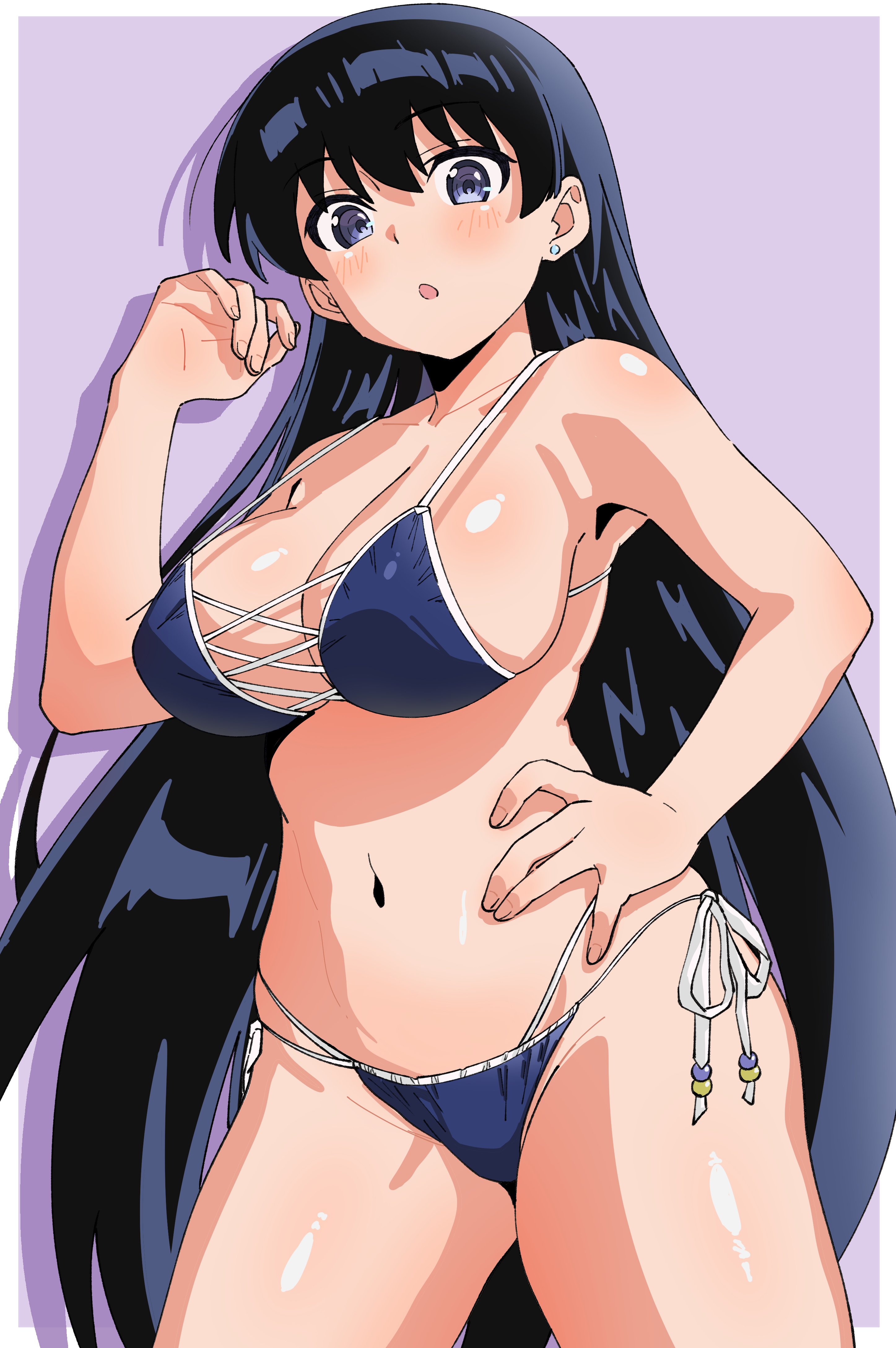 :o, absurdres, arato nagi, bare arms, bikini, black bikini, black hair, blush, border, breasts, cleavage, collarbone, ear piercing, earrings, female, hair between eyes, hand on own hip, highres, jewelry, large breasts, long hair, looking at viewer, navel, open mouth, piercing, purple background, purple eyes, ruri no houseki, solo, standing, stud earrings, swimsuit, torasansan011, very long hair, white border