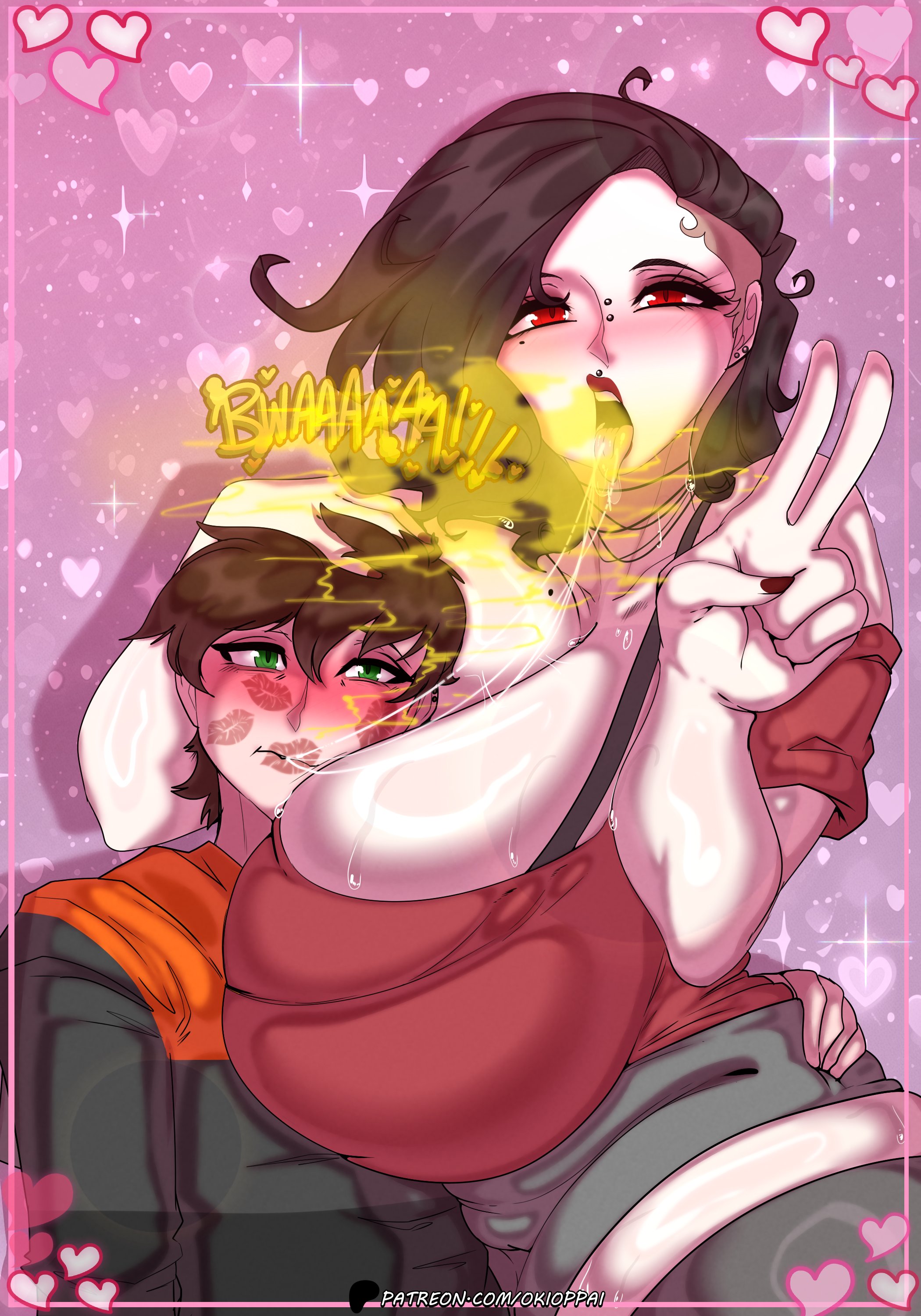blair (okioppai), blush, breasts, burp, burp cloud, burp fetish, burping, cute, heart, huge breasts, kiss mark, male, oki (okioppailegit), okifetish, peace sign, picture, saliva, smaller male, tongue out
