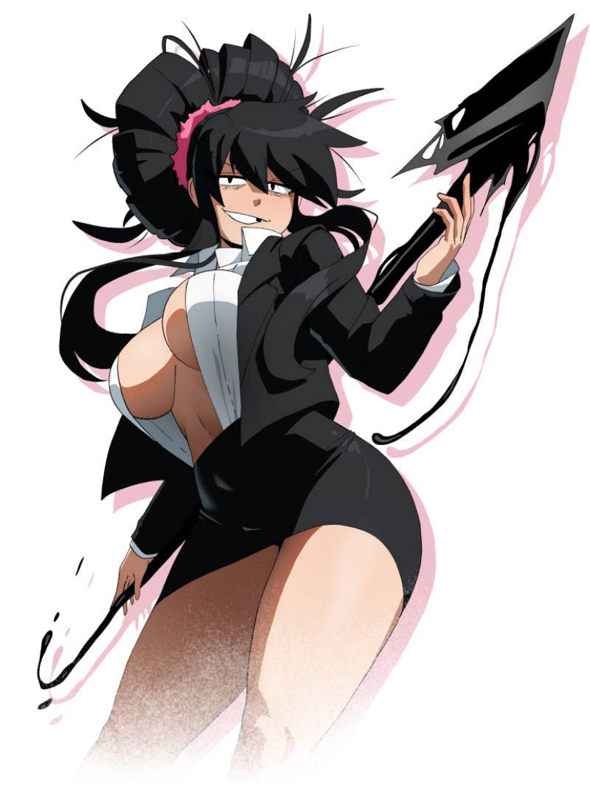 1girls, belly, belly button, big breasts, black hair, blush, breasts, coolerinker, eyebags, female, inker comics, inkershike, inner sideboob, maire (inkershike), no bra, office clothing, office lady, official, official art, official artist, sideboob, skirt, solo, solo female, solo focus, suit, thick thighs, thighs, unbuttoned, unbuttoned shirt, underboob, we are 101, webcomic, webcomic character, webtoon