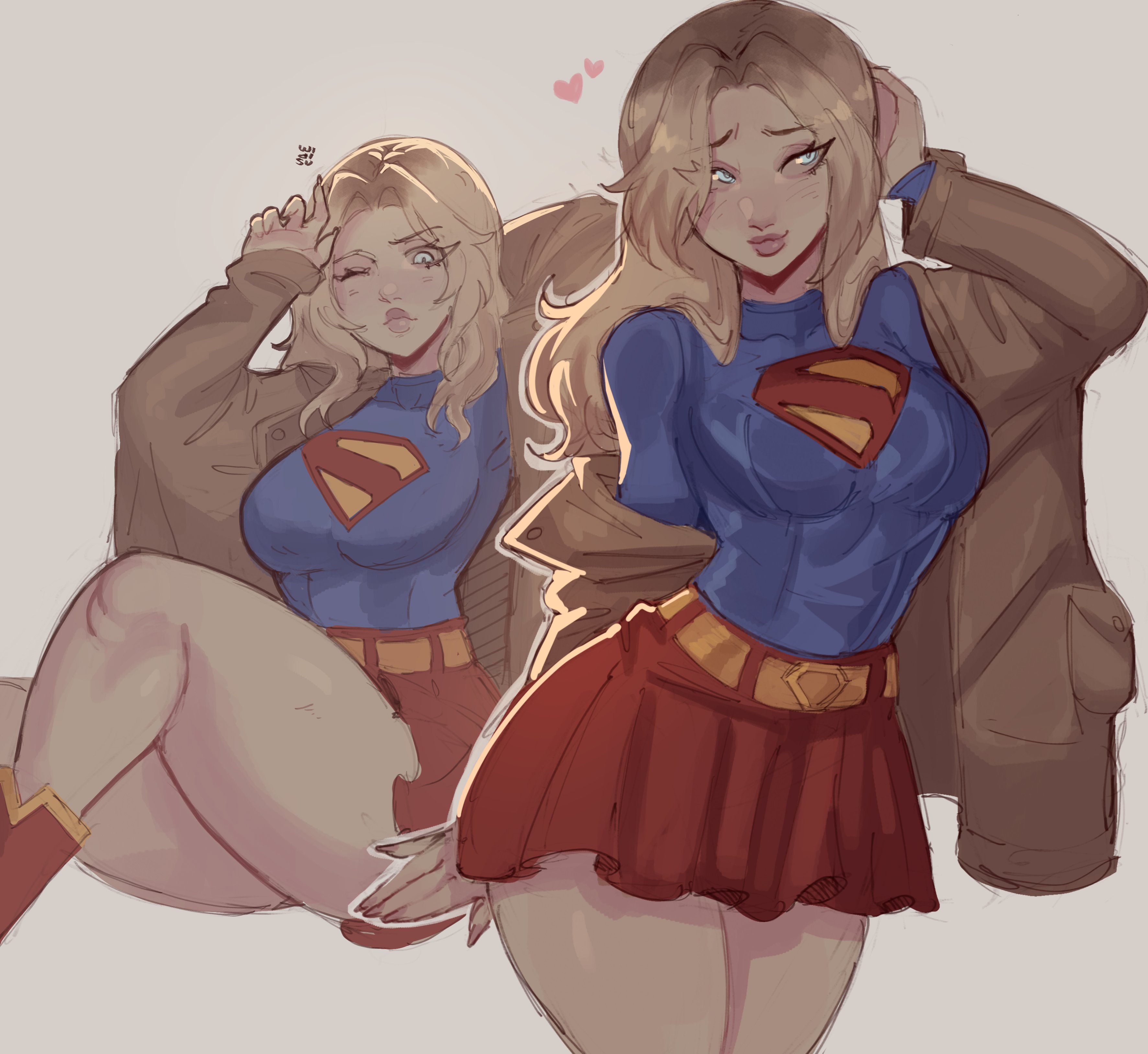 1girls, absurdres, animification, blonde hair, blue eyes, boots, breasts, brown jacket, dc, dc comics, dcu, female, female focus, female only, fully clothed, highres, jacket, kara zor-el, leotard, long hair, long sleeves, looking at viewer, medium breasts, milly alcock, miniskirt, multiple views, one eye closed, red boots, skirt, sleeved leotard, smile, supergirl, supergirl (dcu), superhero costume, superman (2025), superman (series), superman logo, trenchcoat, twitter link, widisu