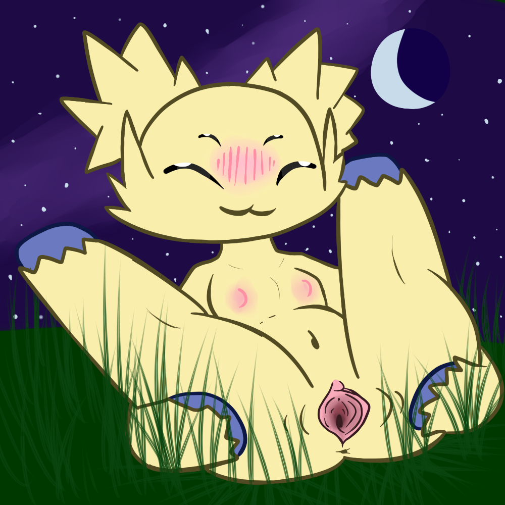 anthro anthrofied female field fur grass joltik moon night nintendo nipples piebunny pokemon pokemorph pussy solo spread_pussy spreading yellow_fur