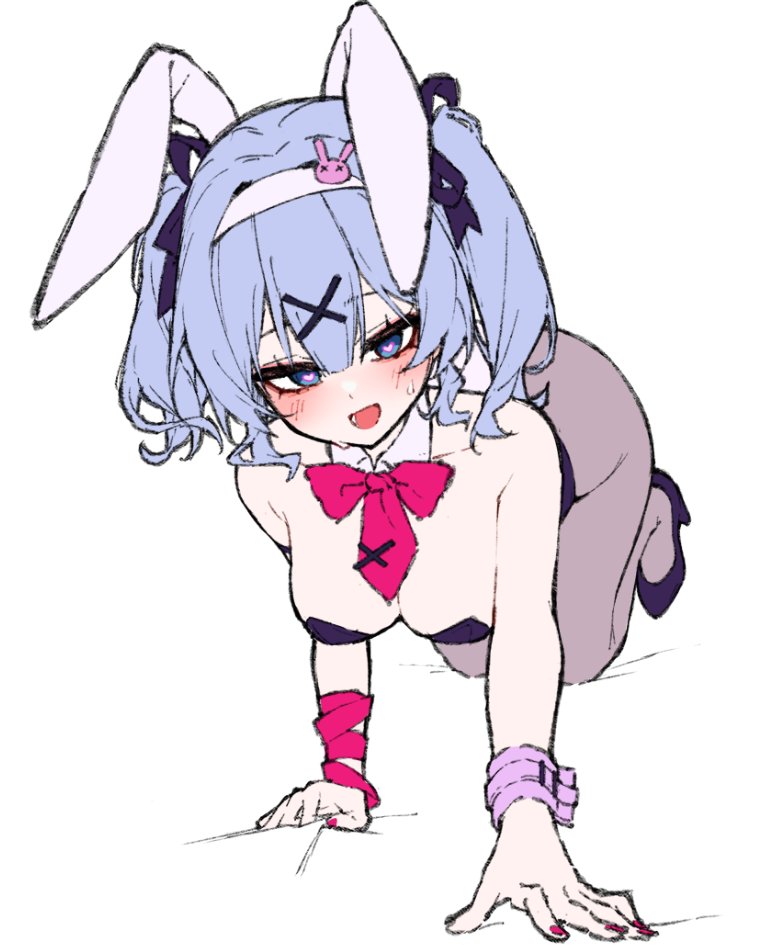 1girl, 1girls, all fours, animal ears, bangs, bare shoulders, blue eyes, blue hair, blush, bow, bowtie, breasts, bunny ears, bunnysuit, cleavage, detached collar, fake animal ears, female, hair ornament, hair ribbon, hatsune miku, heart, heart-shaped pupils, high heels, large breasts, leotard, looking at viewer, nail polish, open mouth, pantyhose, playboy bunny, rabbit ears, rabbit hole (vocaloid), ribbon, seion, simple background, smile, solo, symbol-shaped pupils, tagme, twintails, vocaloid, white background, x hair ornament