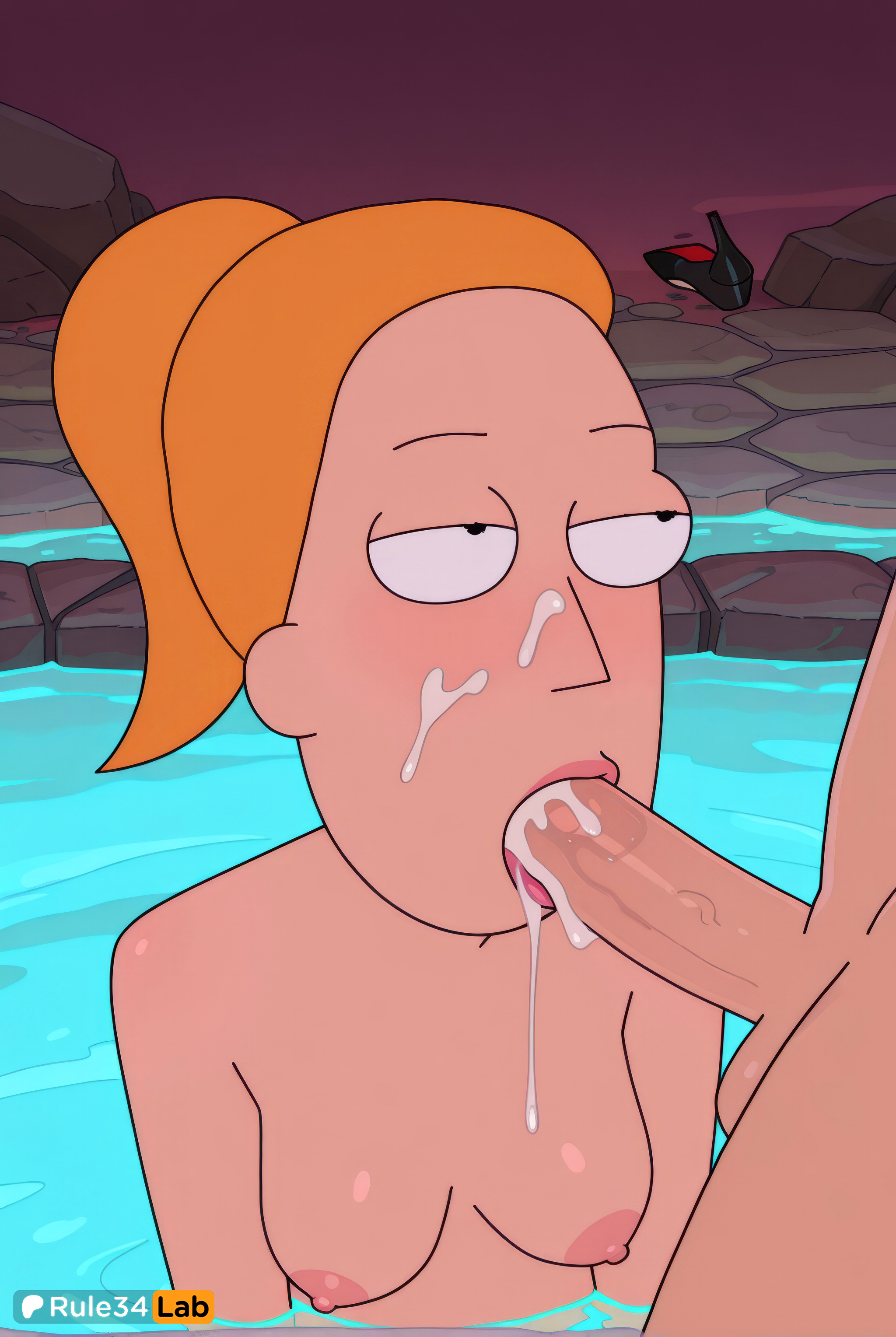 1boy, 1boy1girl, 1girls, adult swim, ai generated, balls, bathing, bathing together, black eyes, blonde hair, blowjob, breasts, completely nude, cum, cum in mouth, facial, fellatio, female, half-closed eyes, hi res, makeup, male, medium breasts, mixed bathing, mixed-sex bathing, nipples, nude, onsen, oral, orange hair, orange-haired female, partially submerged, penis, ponytail, rick and morty, rule34lab, shared bathing, small breasts, solo focus, straight, summer smith, testicles, uncensored, water