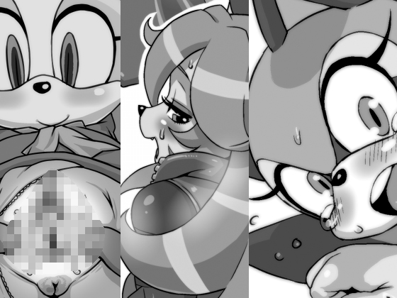 anthro anus blush breasts censored cream_the_rabbit cub female fur furry looking_at_viewer looking_back mammal marine_the_raccoon monochrome nezumi opera_kranz pussy solatorobo sonic_(series) sweat tears