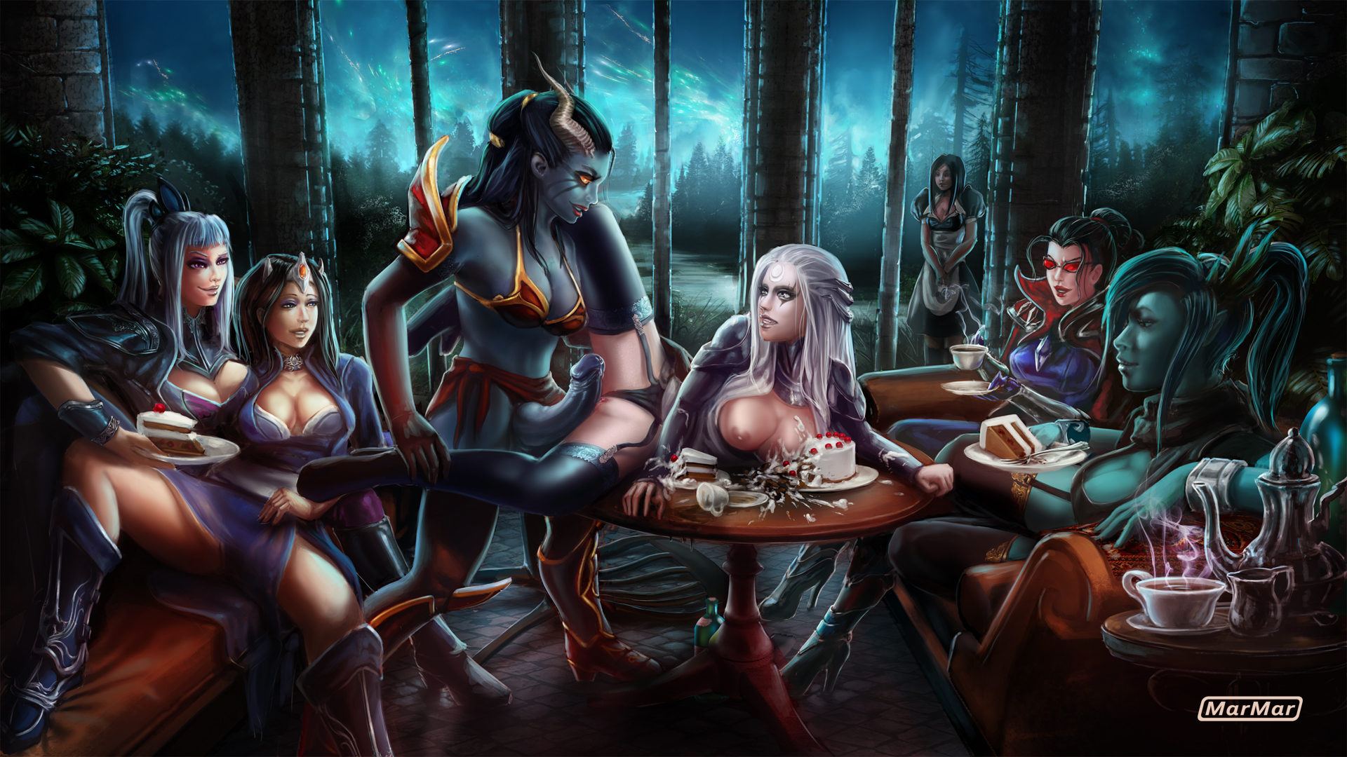 1girls, big penis, blue eyes, blue eyeshadow, brown hair, crossover, demon, diana (league of legends), dota 2, eyeshadow, female, futa on female, futanari, imminent sex, imminent vaginal, intersex, league of legends, light skin, luna (dota), marmar, mirana, multiple females, multiple girls, penis, phantom assassin, pussy, queen of pain, red-tinted eyewear, succubus, sunglasses, tinted eyewear, vaginal penetration, vayne