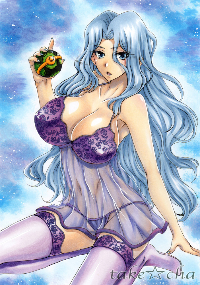 1girls armpits bare_shoulders belly blue_eyes blue_hair blue_nails breasts dusk_ball elite_four eyelashes female_only holding huge_breasts human karen_(pokemon) kneeling lingerie long_hair luxury_ball nail_polish navel negligee nightgown nightie nintendo panties poke_ball pokemon pokemon_gsc pokemon_hgss see-through sketch takecha text thighhighs thong watermark