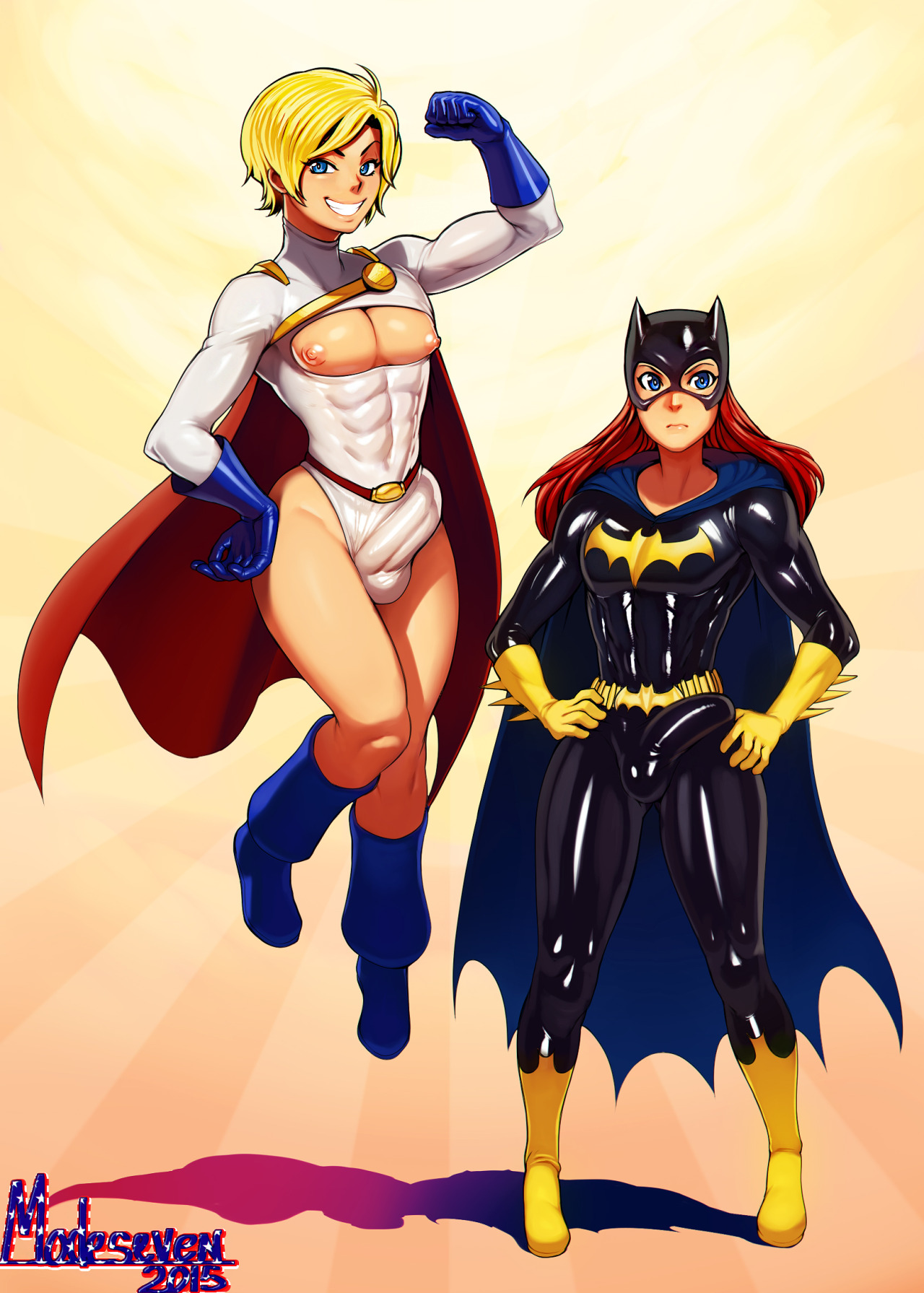 2015, 2boys, barbara gordon, batgirl, batman (series), blonde hair, blue eyes, bodysuit, boots, bulge, cape, crossdressing, dc, dc comics, earth 11, erection, female, femboy, flying, genderswap, genderswap (ftm), hair, long hair, looking at viewer, male, male batgirl, male only, male power girl, modeseven, multiple boys, multiple males, nipples, pecs, pectorals, penis, penis under clothes, power girl, red hair, rule 63, short hair, standing, superman (series), western art