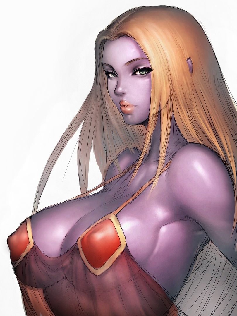 1girls, blonde hair, breasts, cleavage, covered nipples, eyelashes, female, female only, humanized, jynx, large breasts, lingerie, lips, long hair, nintendo, pokemon, pokemon (species), purple skin, sheer, solo, white background