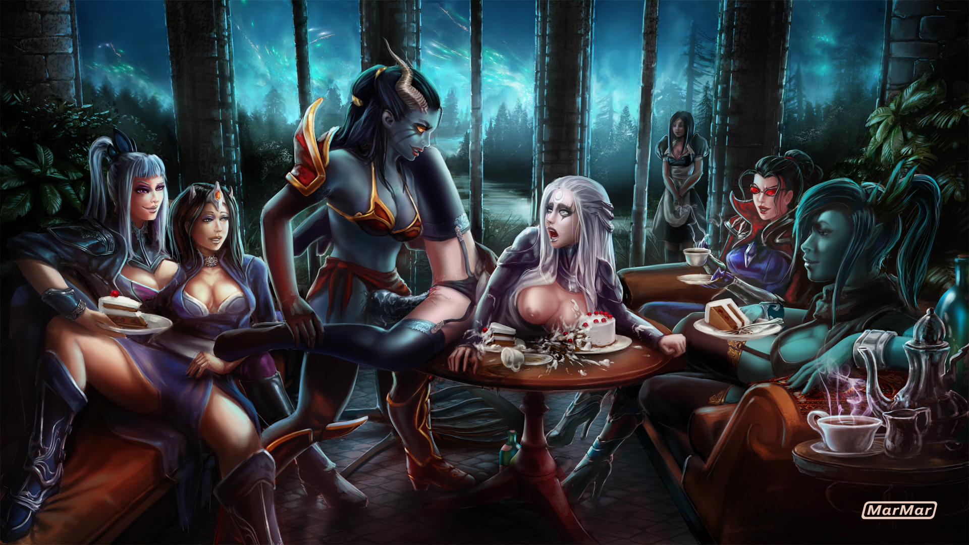 1girls, big penis, blue eyes, blue eyeshadow, brown hair, crossover, demon, diana (league of legends), dota 2, eyeshadow, female, futa on female, futanari, intersex, league of legends, light skin, luna (dota), marmar, mirana, multiple females, multiple girls, penis, phantom assassin, pussy, queen of pain, red-tinted eyewear, riot games, sex, succubus, sunglasses, tinted eyewear, vaginal penetration, valve, vayne