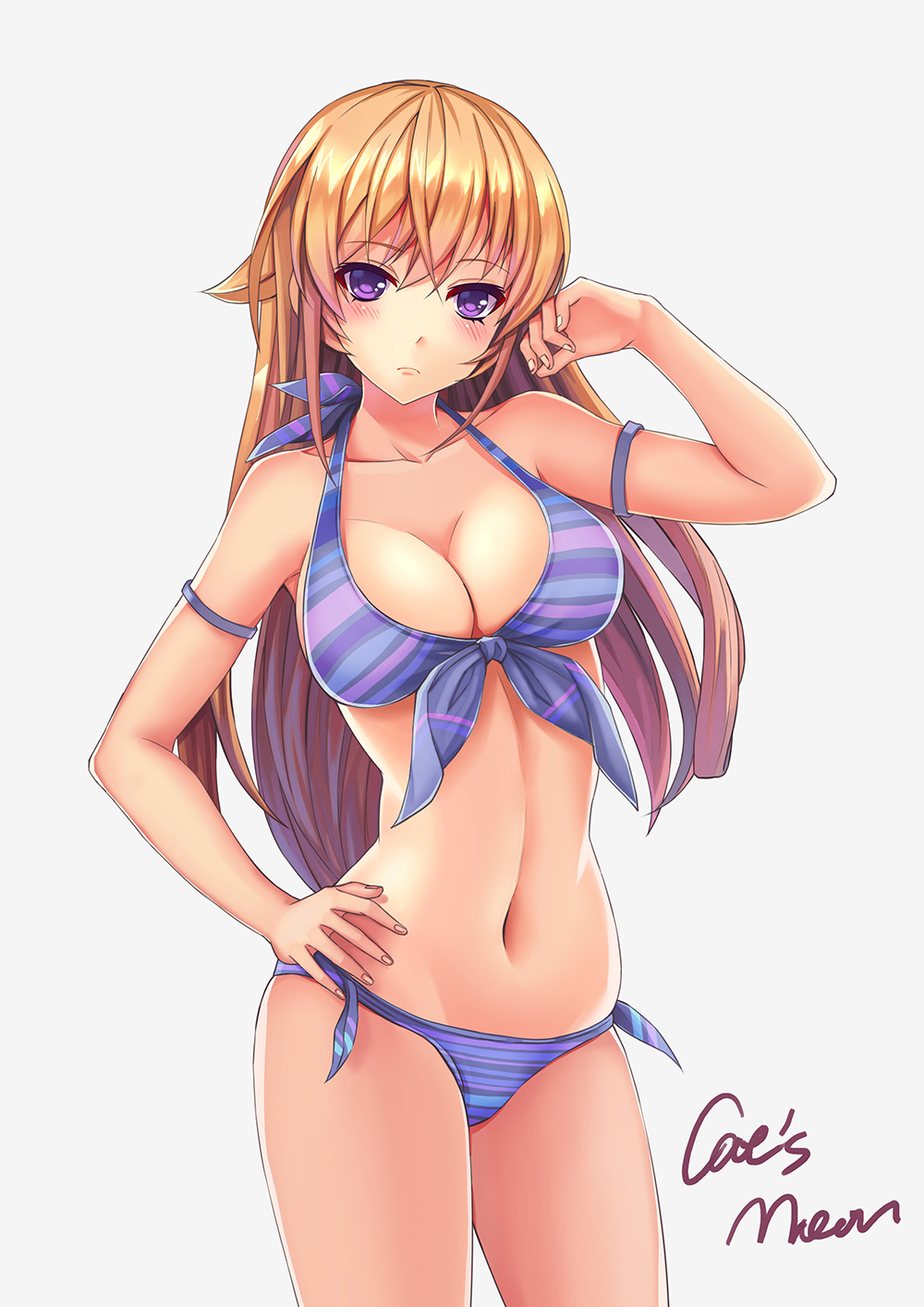 1girls, arm up, armlet, bikini, blonde hair, blonde-haired female, blush, breasts, cleavage, collarbone, female, front-tie top, frown, grey background, hand on hip, long hair, midriff, nakiri erina, navel, purple bikini, purple eyes, shokugeki no souma, side-tie bikini, simple background, skindentation, solo, standing, stomach, strap gap, striped, striped swimsuit, swimsuit, very long hair, youxuemingdie