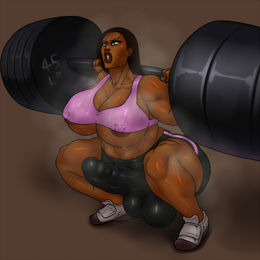 1futa, areolae, ass, balls, balls bulge, balls under clothes, bimbo, breasts, brown hair, cameltail, cleavage, clenched teeth, curvy, dark skin, dark-skinned futa, erect nipples, erection, erection under clothes, futa only, futa sans pussy, futanari, green eyes, huge ass, huge breasts, huge cock, hyper, hyper balls, hyper penis, intersex, large areolae, large penis, long hair, muscular, muscular futa, nipple bulge, nipples, penis, penis bulge, penis under clothes, rampage0118, shoes, shorts, small shirt, solo, solo futa, squatting, sweat, tank top, tenting, testicles, thick penis, thick thighs, tight pants, underboob, weightlifting, weights, wide hips