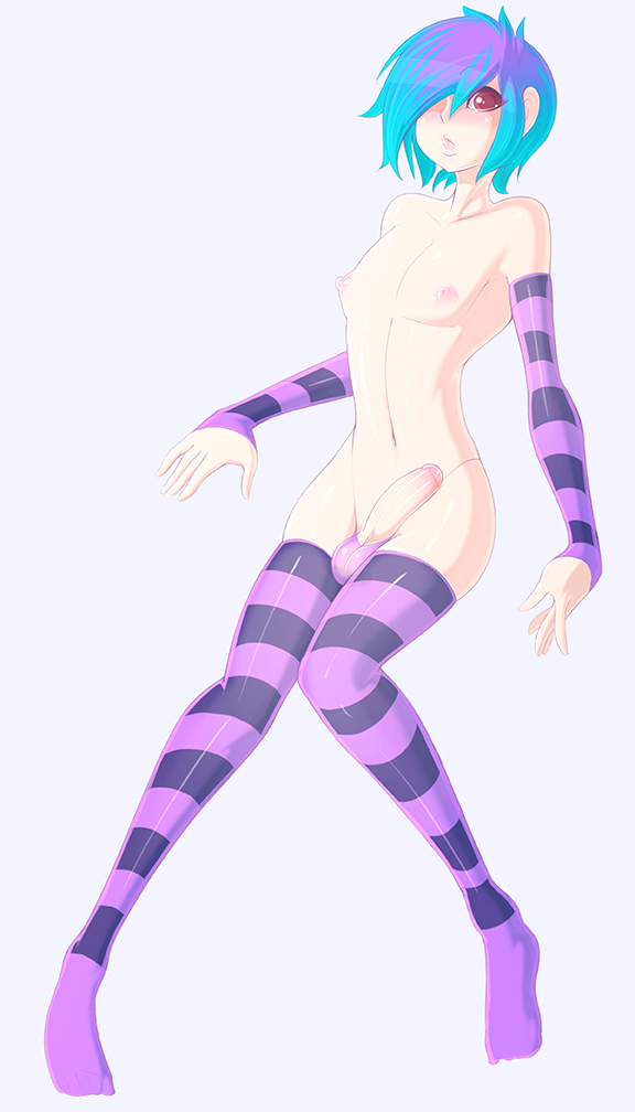 1boy, blue hair, feet, femboy, girly, male, male only, necrosmos, red eyes, solo, thighhighs, trap