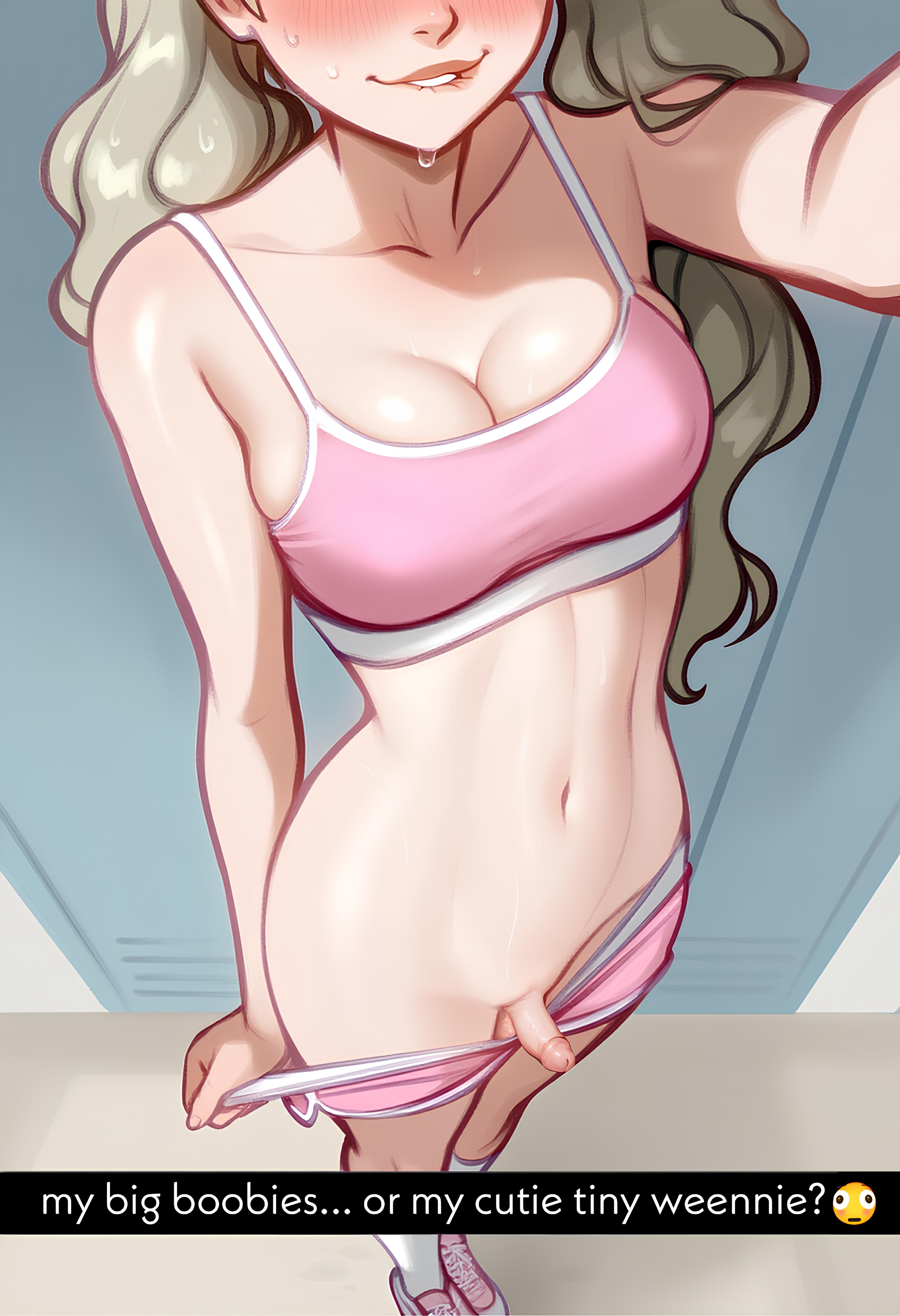 1girls, ai generated, ann takamaki, atlus, blonde female, blonde hair, clothed, edited, face out of frame, female, futa only, futanari, head out of frame, indoors, intersex, leaking pussy, legs, locker room, navel, ninzer, partially nude, penis, persona, persona 5, persona 5 royal, pink bra, pink shorts, pussy, selfie, shorts, shorts down, shorts pull, showing off, small penis, snapchat, socks, sports bra, sweat, text, text box, third-party edit