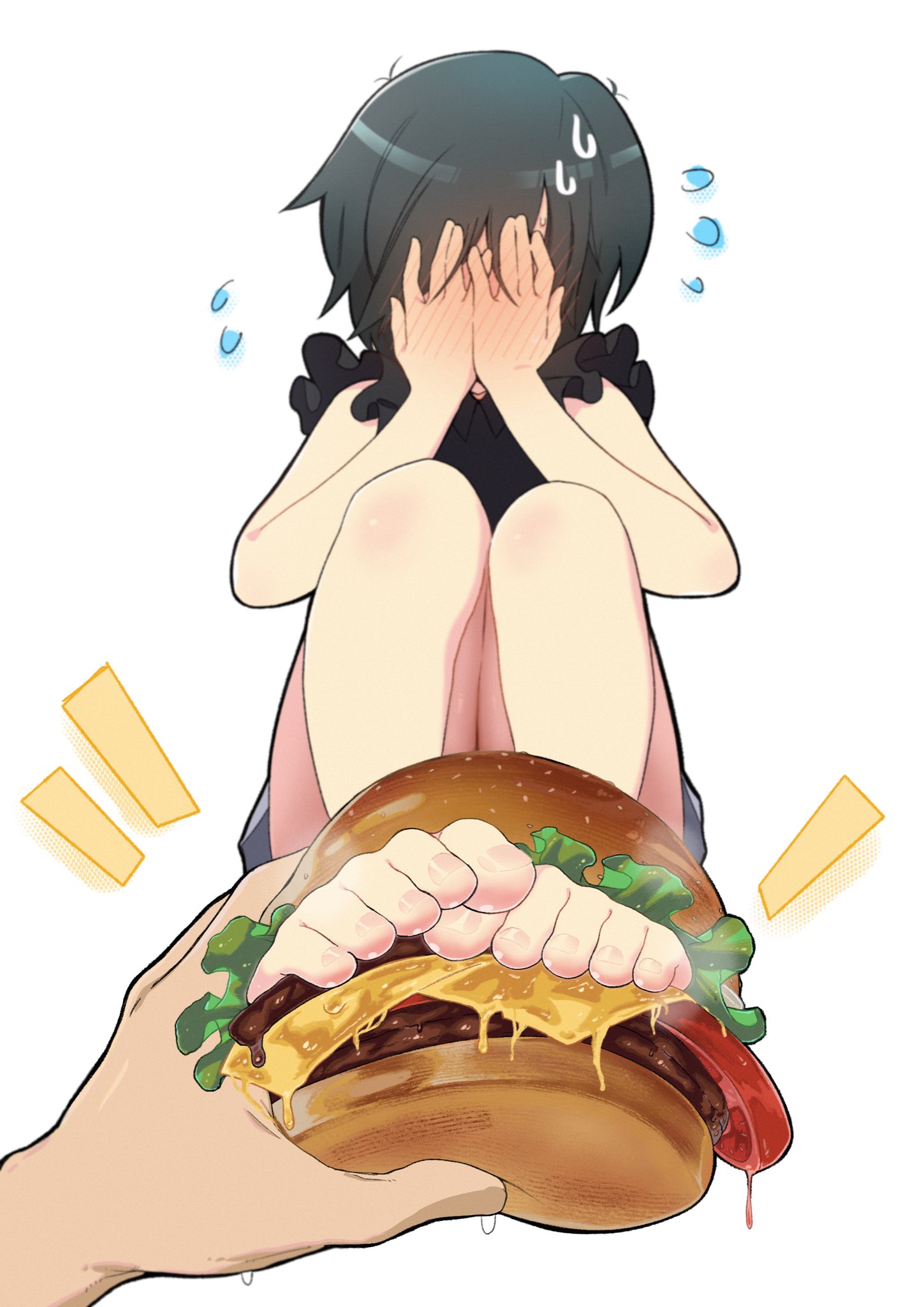 adorable, blush, blushing at viewer, burger, covering face, cute, embarrassed, embarrassed female, feet, feet burger, feet focus, feet together, female, foot fetish, hiding face, holding feet, kingdom hearts, kingdom hearts 358/2 days, legs, pretty feet, spaghett8, spaghetto087, toenail polish, xion
