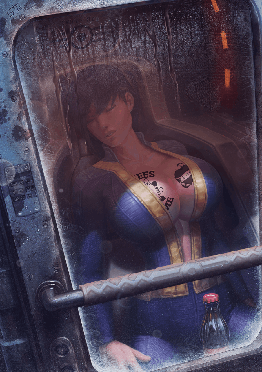 asleep blacked bnwo cleavage cryogenics fallout fallout_4 female female_focus female_only frozen qos qos_tattoo queen_of_spades tattoo_on_chest