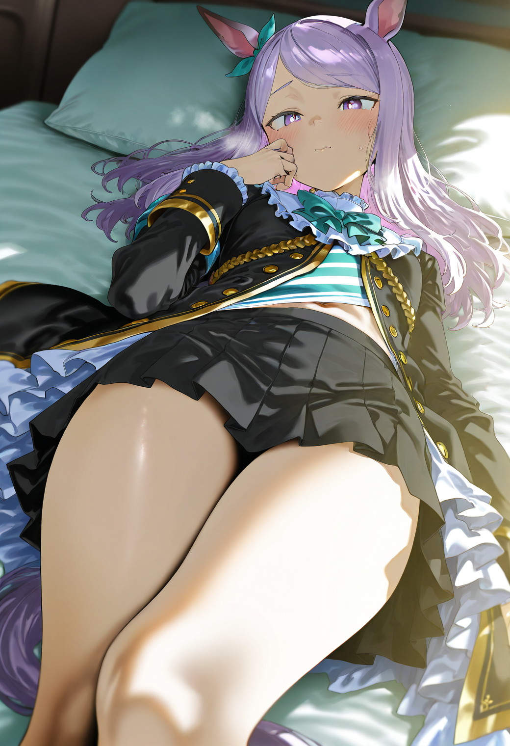 ai generated, animal ears, bed, breasts, costume, female, horse girl, light purple hair, long hair, looking at viewer, mejiro mcqueen (umamusume), purple eyes, small breasts, thighs, umamusume, umamusume pretty derby