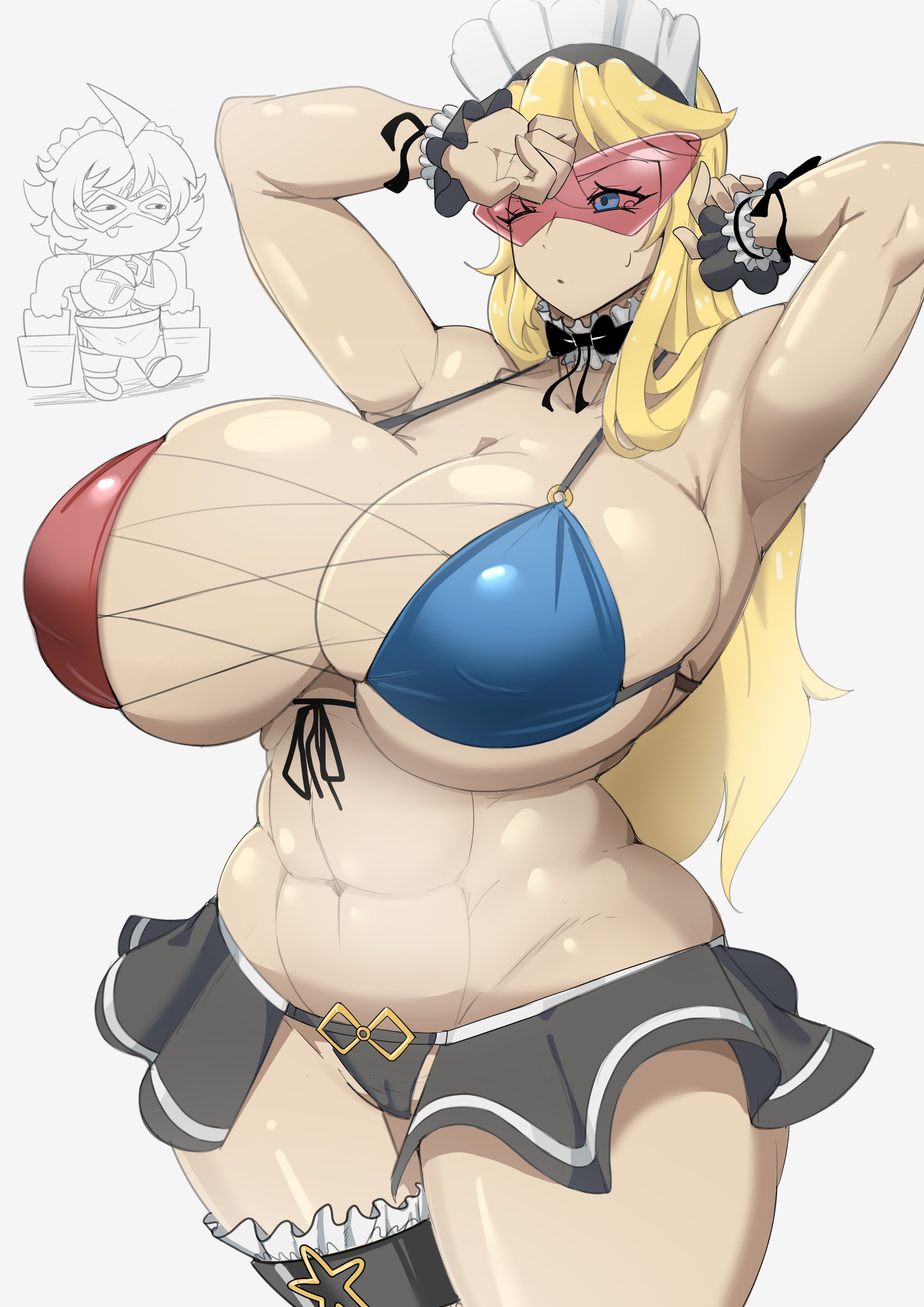 1girls, abs, blonde female, blonde hair, breasts, breasts bigger than head, cameltoe, clothes too small, female, female focus, huge breasts, kamina shades, loftysundew, maid headdress, muscular, muscular female, pussy, segmented stomach, skirt, tagme, tinted eyewear, voluptuous, white background