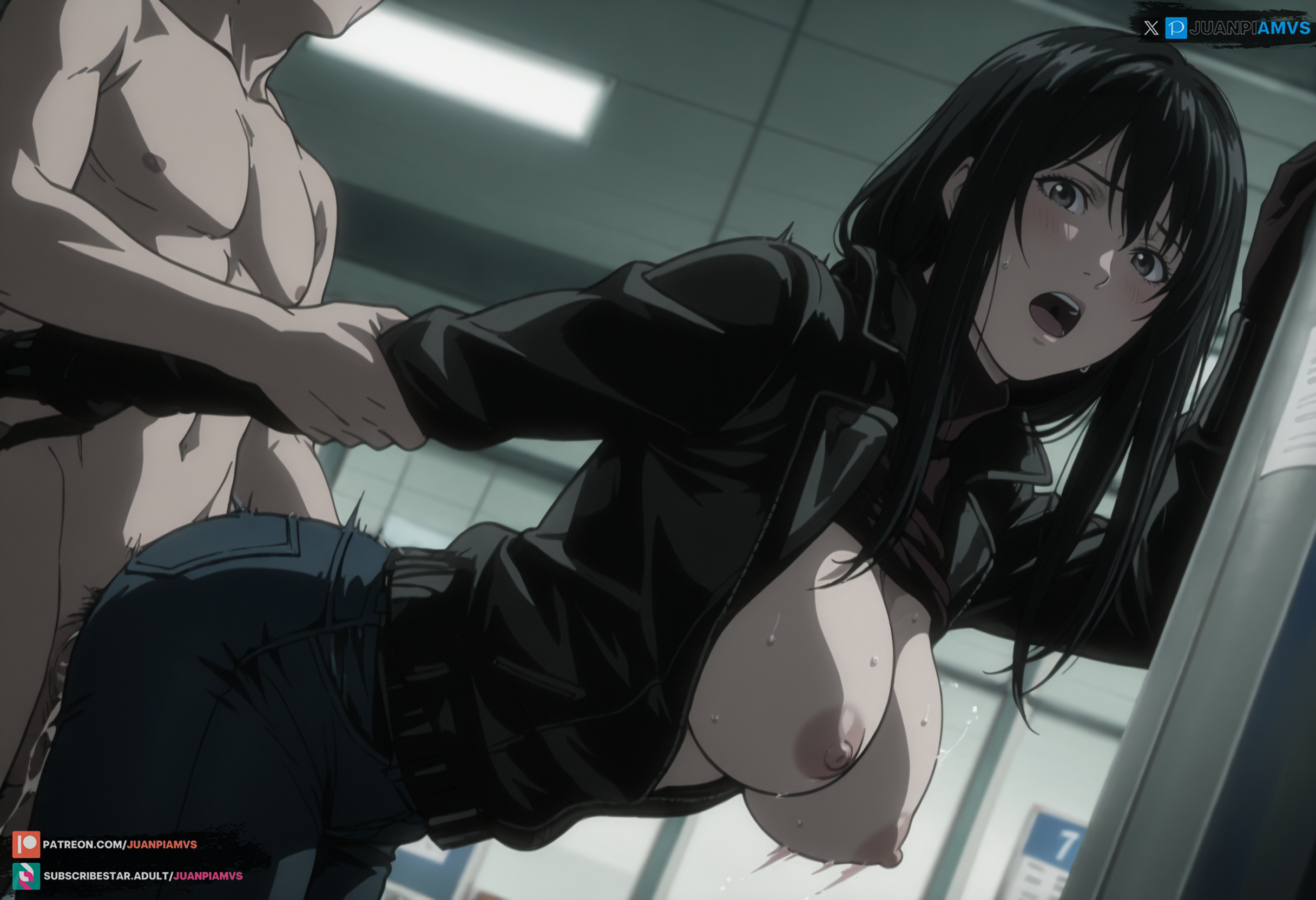 against wall, ai generated, arm grab, black hair, black jacket, blush, bouncing breasts, breasts, cum, cum drip, death note, female, gloves, jacket, jeans, juanpiamvs, large breasts, looking at viewer, mature female, milf, naomi misora, open mouth, patreon, patreon username, penetration, police station, sex, sex from behind, standing sex, subscribestar, subscribestar username, sweat, watermark