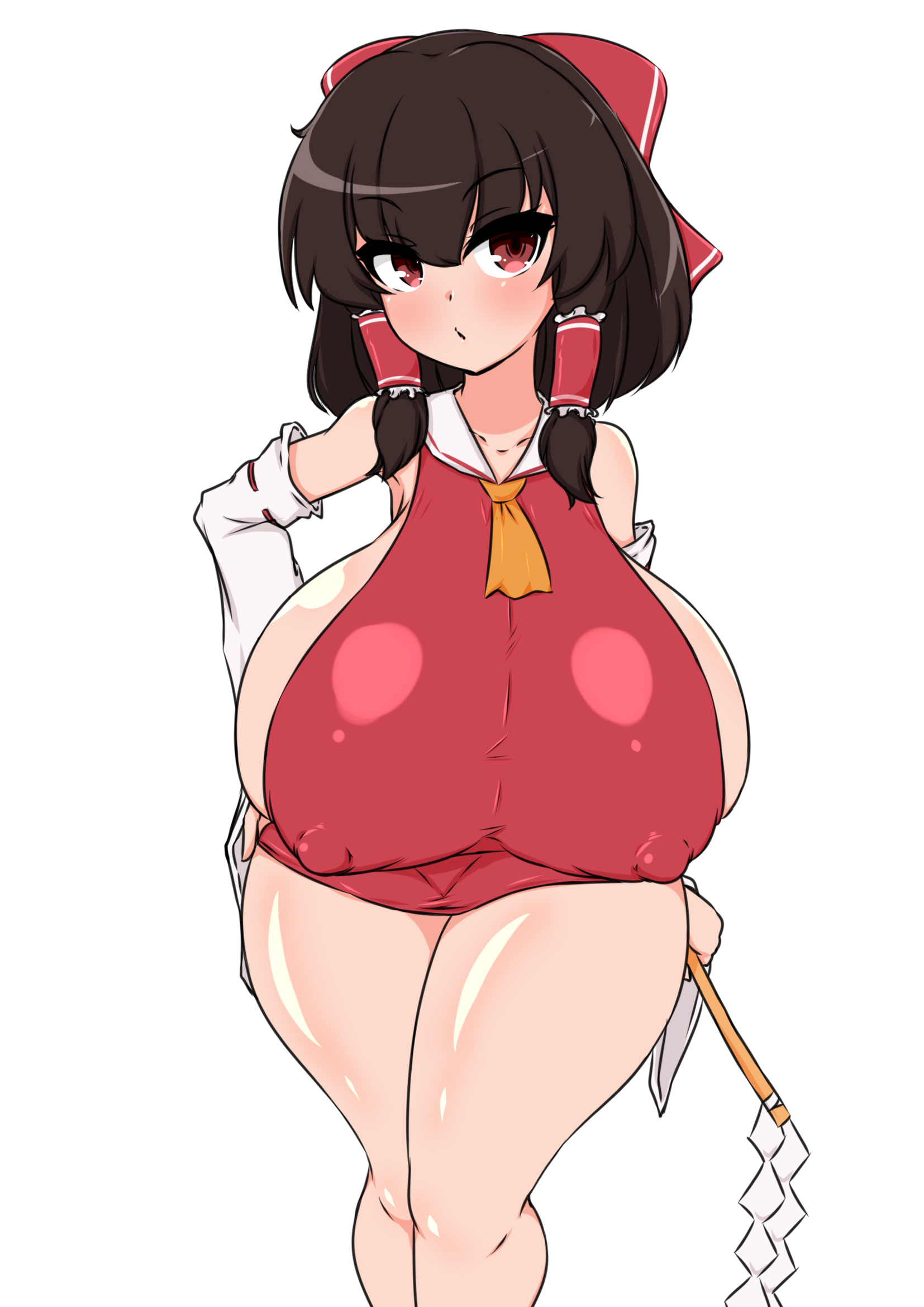 1girls, bare legs, black hair, blush, breasts, busty, detached sleeves, erect nipples under clothes, female, female only, hair ribbon, hakurei reimu, huge breasts, looking at viewer, miko, moyashi udon, nipple bulge, nipples, nipples visible through clothing, no bra, red eyes, reimu hakurei, shrine maiden, sideboob, solo, thick thighs, touhou, wide hips