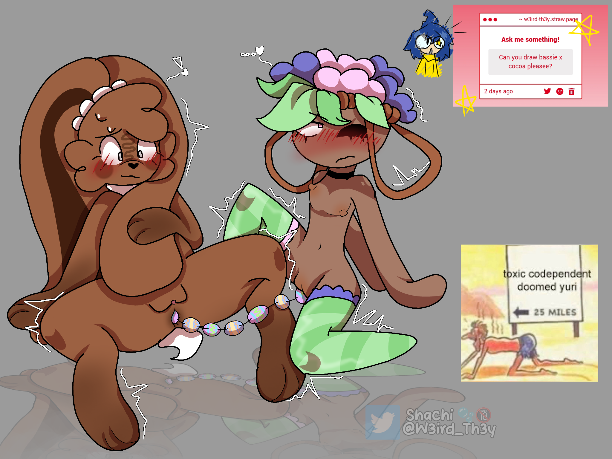 anal beads, anal beads in pussy, bassie (dandy's world), cocoa (dandy's world), dandy's world, female, flower, flowers, flowers in hair, flowers on head, lesbian sex, nervious, nervous smile, pussy, request, sex toy, sex toy in ass, sex toy in pussy, sweatdrop, toxic yuri, w3ird th3y, yuri