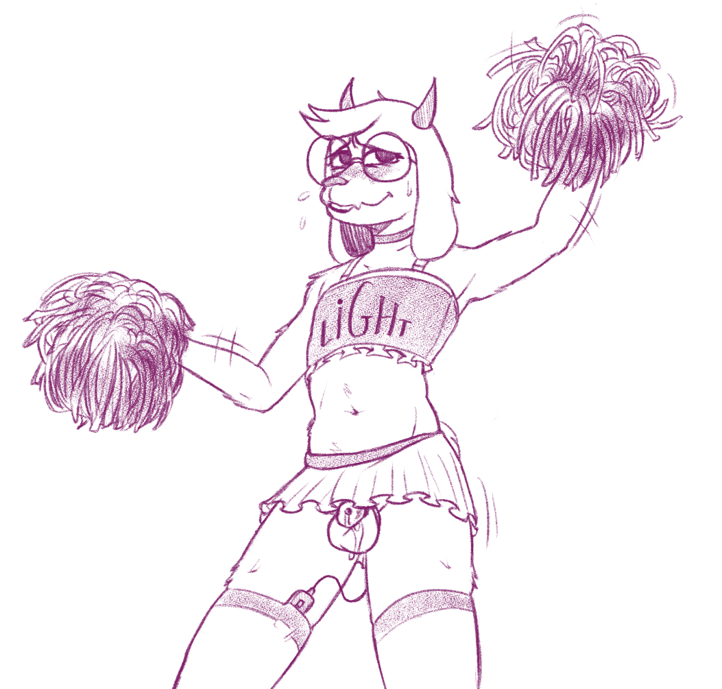 1boy, 2d, anthro, anthro male, anthro only, balls, caprine, chastity, chastity cage, chastity device, cheerleader, cheerleader uniform, crossdressing, deltarune, embarrassed, furry, furry male, furry only, glasses, goat, horns, male, male only, monster, nerd, pom poms, precum, precum drip, ralsei, revealing clothes, solo, thighhighs, undertale (series), upskirt, vibrator, vibrator cord, wistfullinsomniac