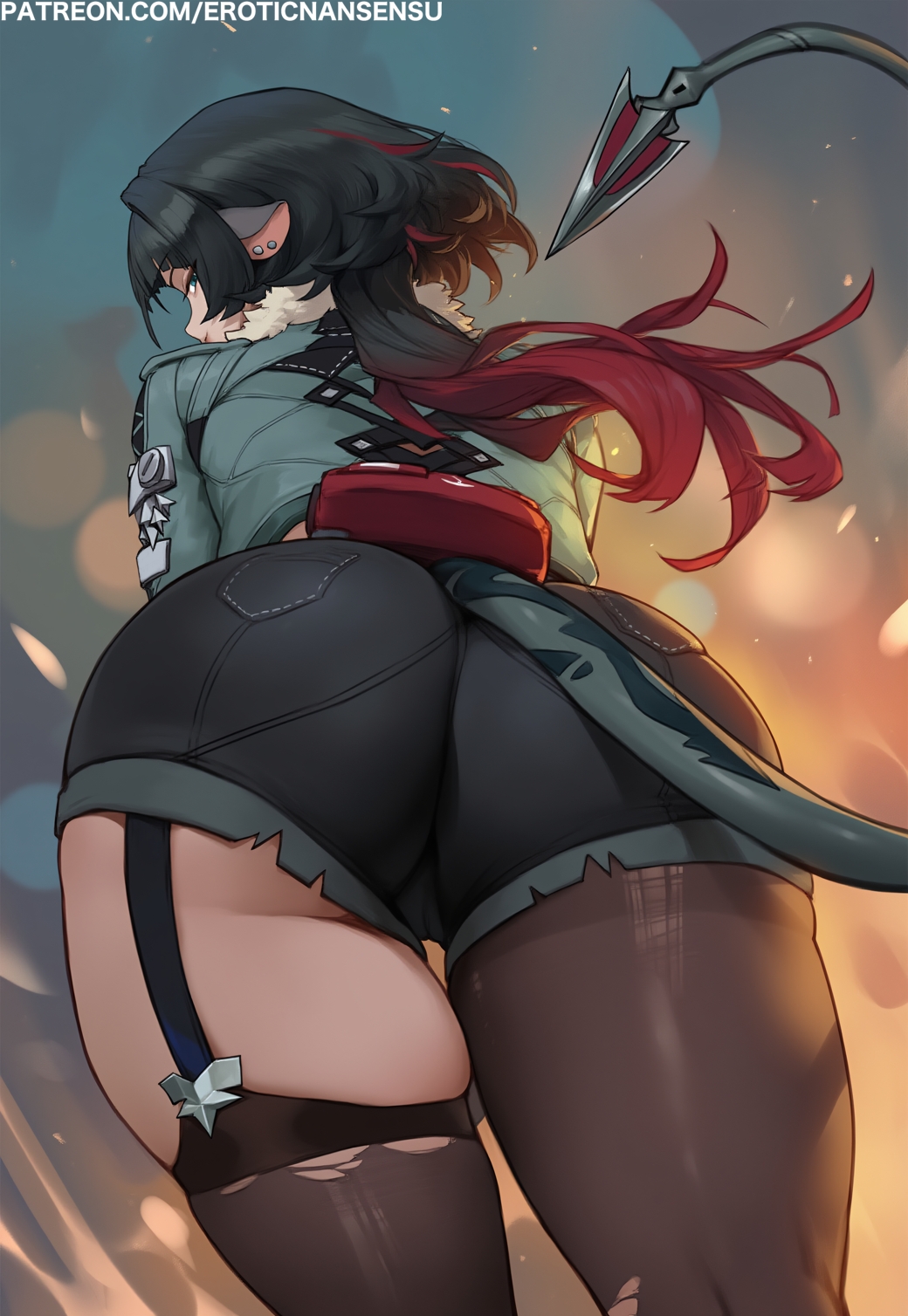 1girls, 2d, 2d (artwork), ai assisted, ai generated, artist name, ass, ass focus, cameltoe, clothed female, color, digital drawing (artwork), english text, erotic nansensu, female, female focus, female only, garter straps, gradient hair, jane doe (zenless zone zero), large ass, light skin, light-skinned female, looking at viewer, looking back, mouse ears, mouse girl, multicolored hair, pantyhose, patreon username, pussy, short shorts, skindentation, solo, tail, text, thick thighs, thighs, torn pantyhose, watermark, zenless zone zero