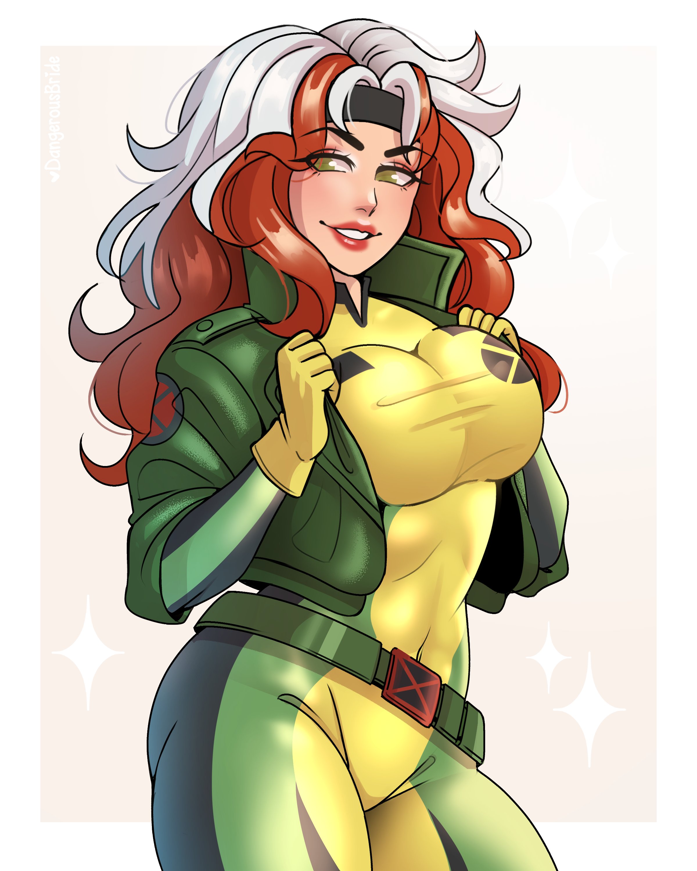 1girls, 2025, 2d, 2d (artwork), anna marie, bodysuit, brown hair, clothing, dangerousbride, female, female only, fully clothed, gloves, green eyes, hairband, jacket, long hair, looking at viewer, marvel, marvel comics, questionable, red lipstick, rogue (x-men), smiling, smiling at viewer, solo, two-tone hair, very high resolution, white hair, x-men