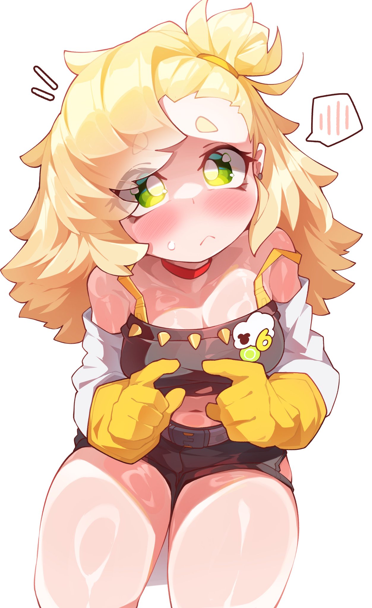 1girls, bare shoulders, blonde hair, blush, choker, ear piercing, female, female only, gloves, green eyes, hair bun, long hair, midriff, midriff baring shirt, navel, orcavice, pale skin, pale-skinned female, petite, petite female, piercing, piper wheel, shorts, small breasts, small eyebrows, thick thighs, yellow gloves, zenless zone zero