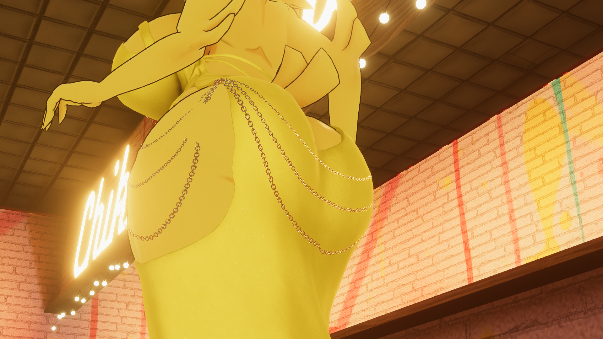 3d, cally3d, chica (cally3d), chica (fnaf), chiku, chiku (cryptia), chiku (cryptiacurves), cryptiacurves, female, five nights at freddy's, fredina's nightclub, from behind, modakawa dress, non nude, solo, source request, vrchat