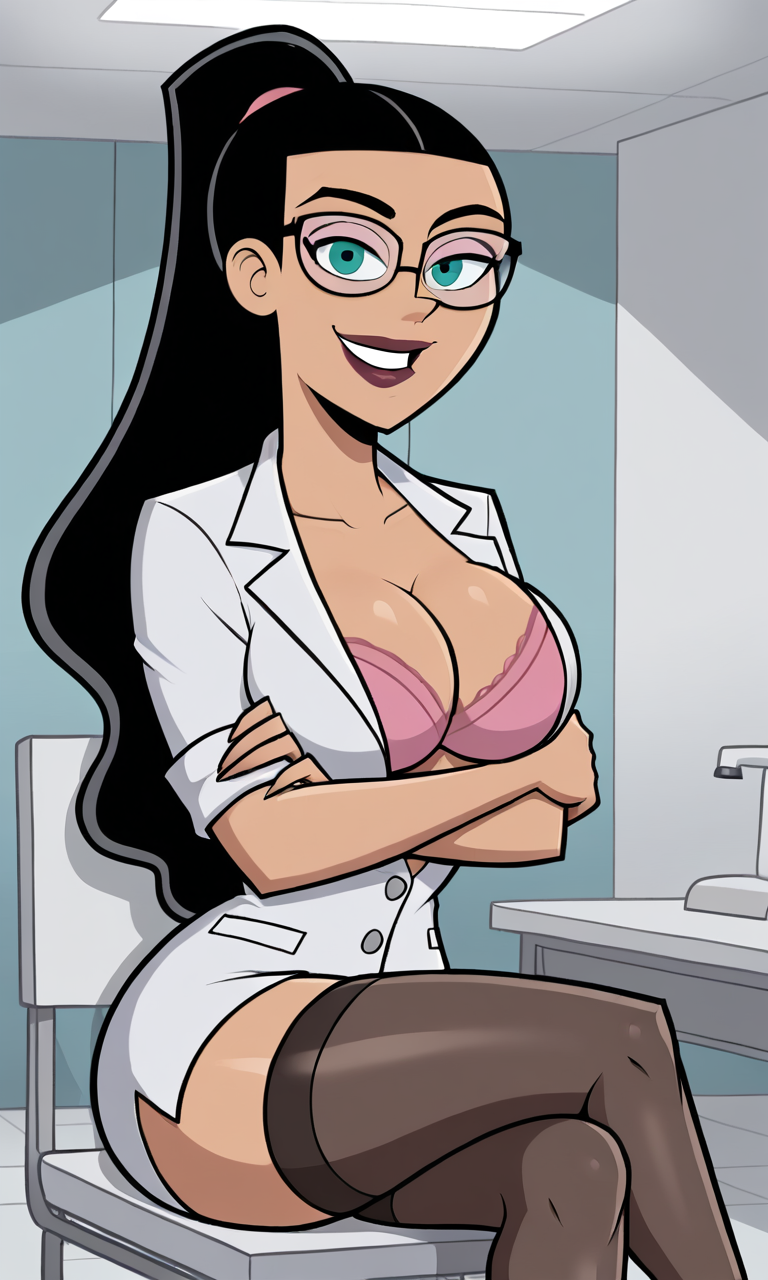 ai_generated ass athletic athletic_female bigmic145 black_hair bra breasts bust busty cleavage curvy curvy_body curvy_female curvy_figure danny_phantom doctor eyelashes female fit fit_female glasses hips hourglass_figure lab_coat labcoat long_hair nickelodeon paulina_sanchez ponytail teal_eyes tease teasing thick_thighs thigh_highs thighhighs thighs voluptuous waist