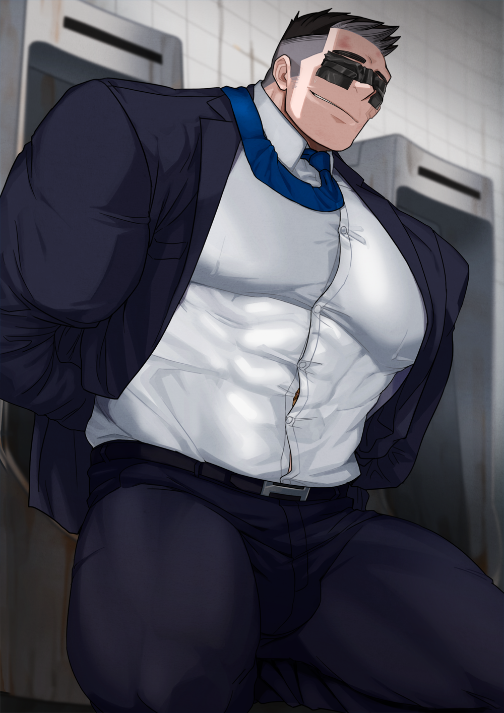 1boy abs absol_(dkqthf) arms_behind_back bandaid bandaid_on_face bara beefy big_bulge black_hair blurry_background breasts broad_shoulders bruise bruised_face bulge bulge_through_clothing business_suit covered_eyes daddy dilf eyes_covered gay grin hi_res hunk indoors kneeling light_skin male male_breasts male_only manly maou_abusorun masochism mature_male muscles muscular muscular_arms muscular_legs muscular_male muscular_thighs necktie oppai original original_character pale_skin pecs public_toilet quadriceps salaryman shaved_side short_hair six_pack smirk solo spiky_hair spread_legs suit suit_and_tie sweat sweatdrop tape taped_eyes thick tight_clothing tile_wall toilet tough_guy urinal white_shirt yaoi
