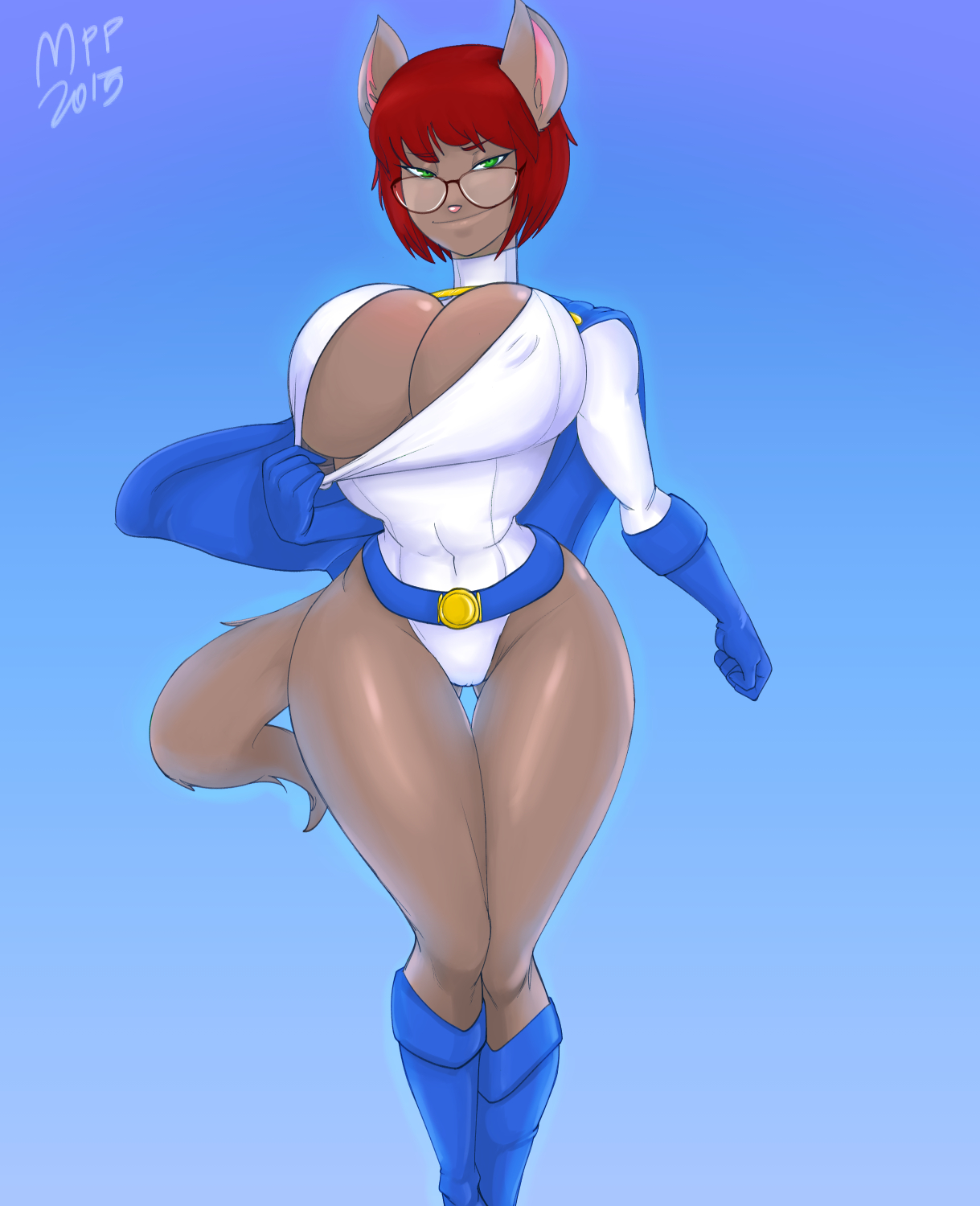 anthro, belt, blue gloves, boots, breasts, cape, cleavage, cleavage cutout, cleavage reach, cosplay, curvy, dc, dc comics, feline, female, furry, glasses, gloves, green eyes, large breasts, leotard, leotard pull, looking at viewer, mrpotatoparty, narrow waist, naughty face, original, power girl, power girl (cosplay), red hair, short hair, smile, solo, superman (series), thigh gap, thong leotard, wide hips