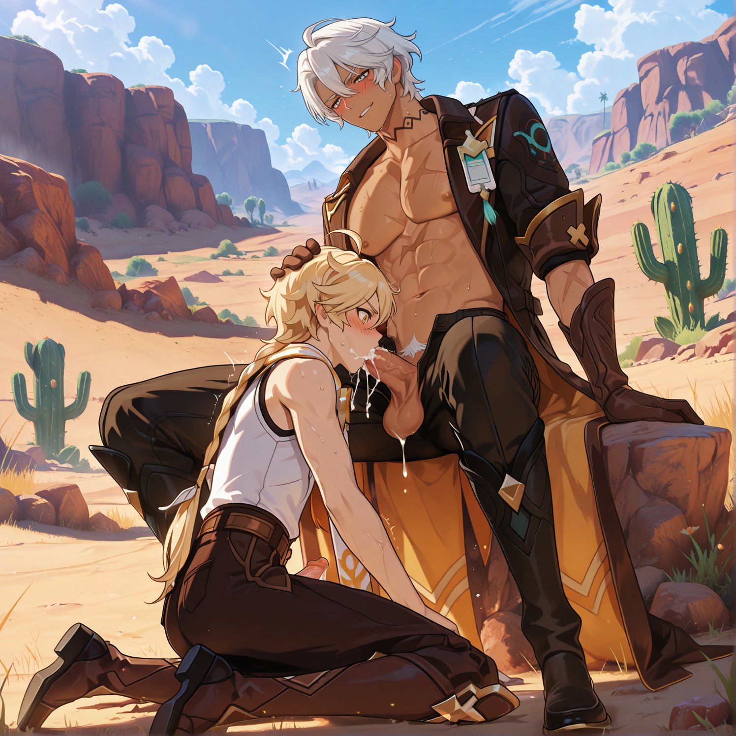 2boys, abs, aether (genshin impact), ai generated, big penis, blonde-haired male, blowjob, blowjob face, blush, clothed male, cum dripping from penis, cum in mouth, cumshot, daddy, desert, dominant male, gay, genshin impact, holding head, ifa (genshin impact), kneeling, kneeling oral position, legs spread, light skin, light-skinned male, long-haired male, male, male only, male/male, muscular, muscular male, neck tattoo, on knees, penis, scars, smirking, submissive male, sucking penis, tan skinned male, twink, white-haired male, yaoi