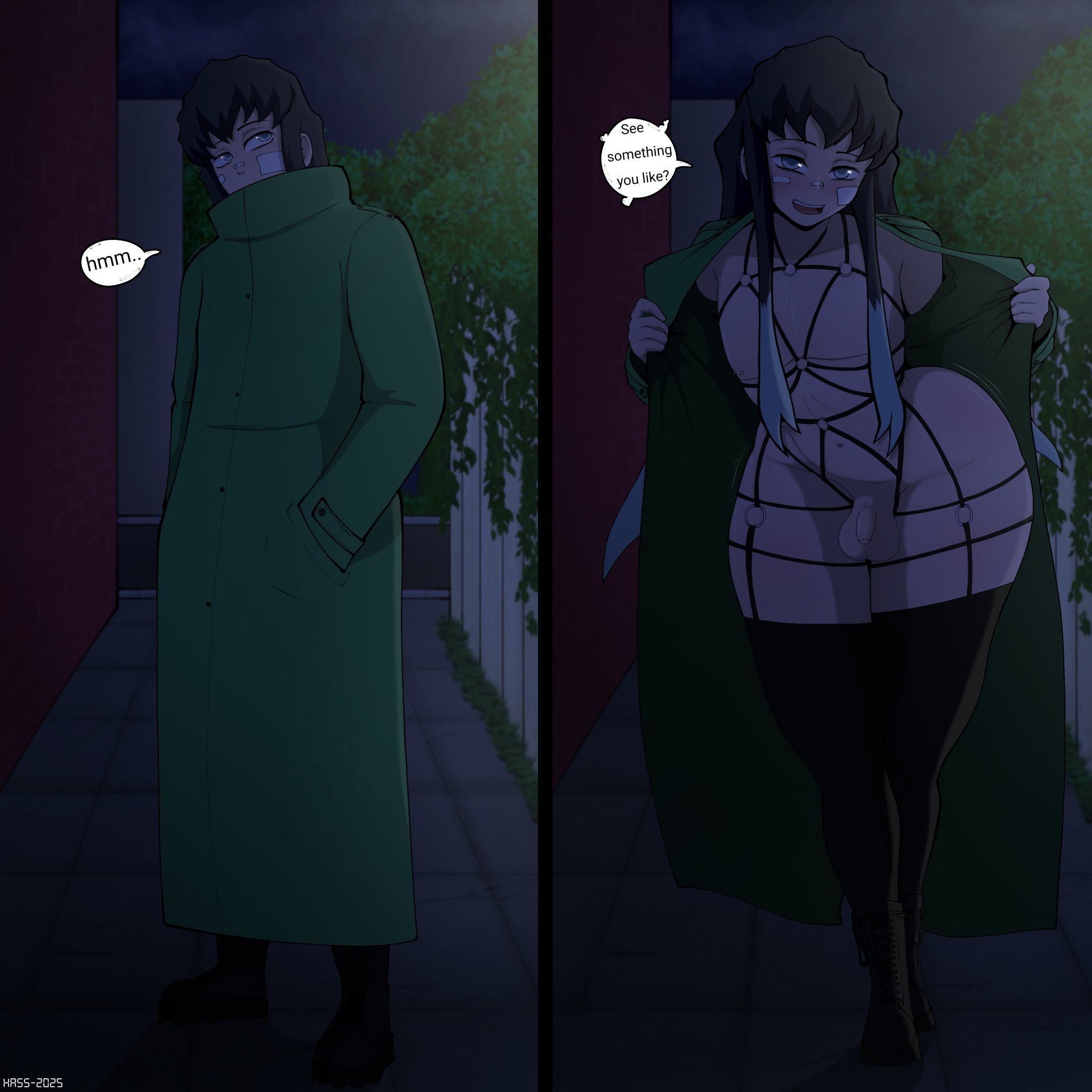 1boy, crossdressing, demon slayer, dialogue, femboy, flashing, hassdr4w, human, kimetsu no yaiba, male, male only, muichiro tokitou, penis, solo, solo male, text, thick thighs, thighhighs, wide hips