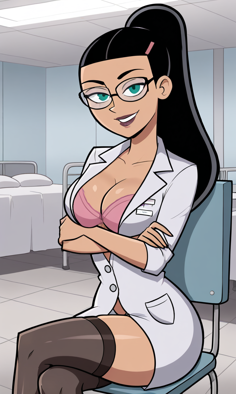 ai_generated ass athletic athletic_female bigmic145 black_hair bra breasts bust busty cleavage curvy curvy_body curvy_female curvy_figure danny_phantom doctor eyelashes female fit fit_female glasses hips hourglass_figure lab_coat labcoat long_hair nickelodeon paulina_sanchez ponytail teal_eyes tease teasing thick_thighs thigh_highs thighhighs thighs voluptuous waist
