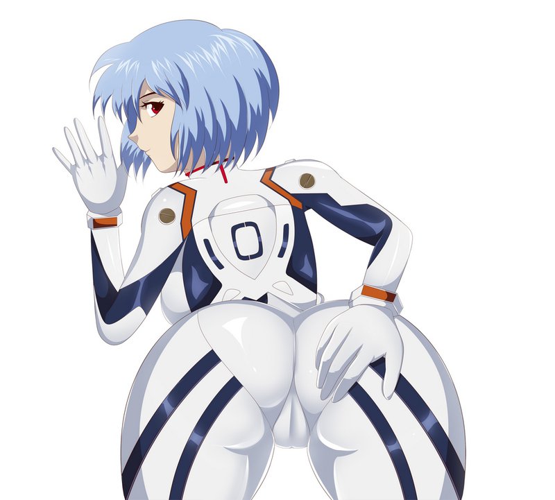 1girls ass back_view big_ass blue_hair bob_cut bodysuit breasts cameltoe clothing female female_only fully_clothed human looking_at_viewer looking_back neon_genesis_evangelion pale-skinned_female pale_skin pilot_suit plugsuit presenting red_eyes rei_ayanami short_hair skin_tight solo tight_clothing v1mpaler