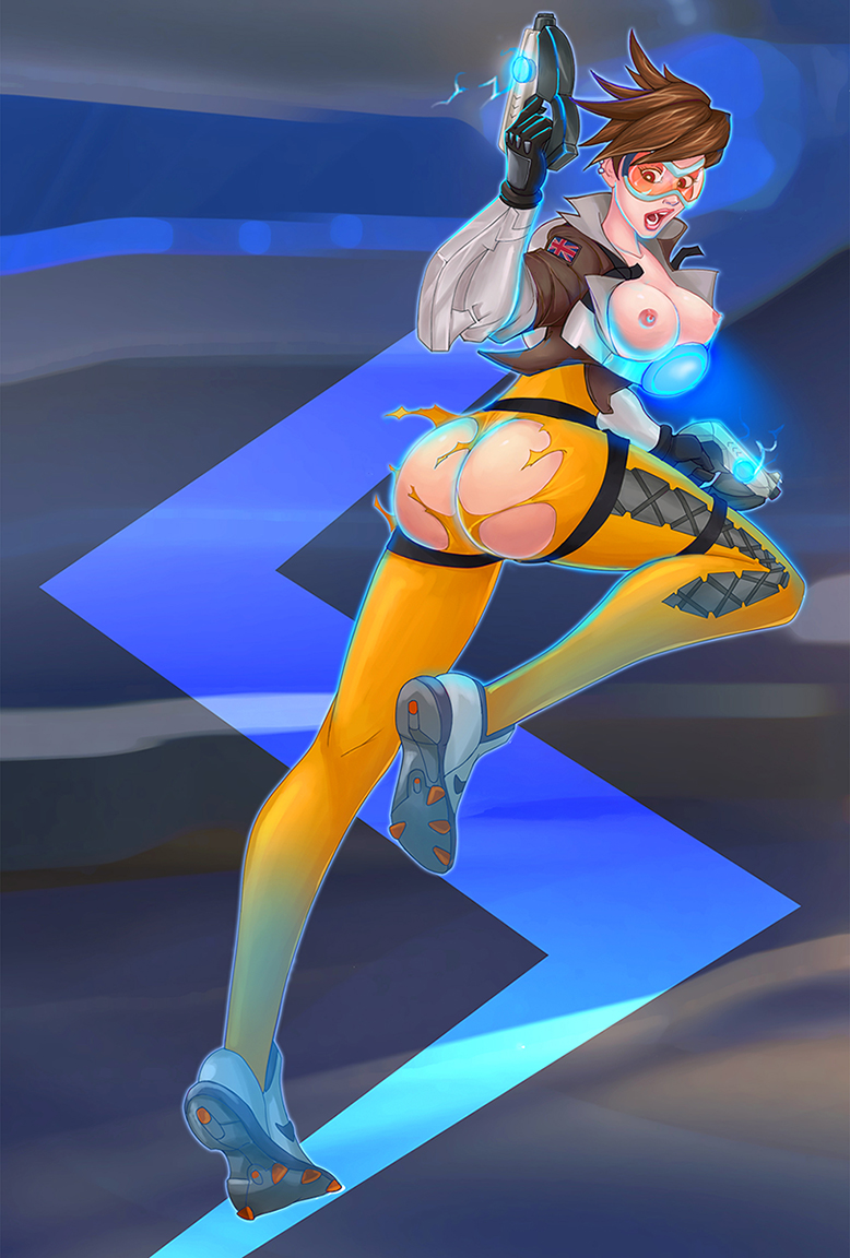 2d, ass, breasts, breasts out, brown hair, dual wielding, female, gauntlets, glowing, goggles, gun, jacket, looking back, nipples, open mouth, overwatch, rimethize, short hair, solo, spiked hair, torn clothes, tracer, weapon