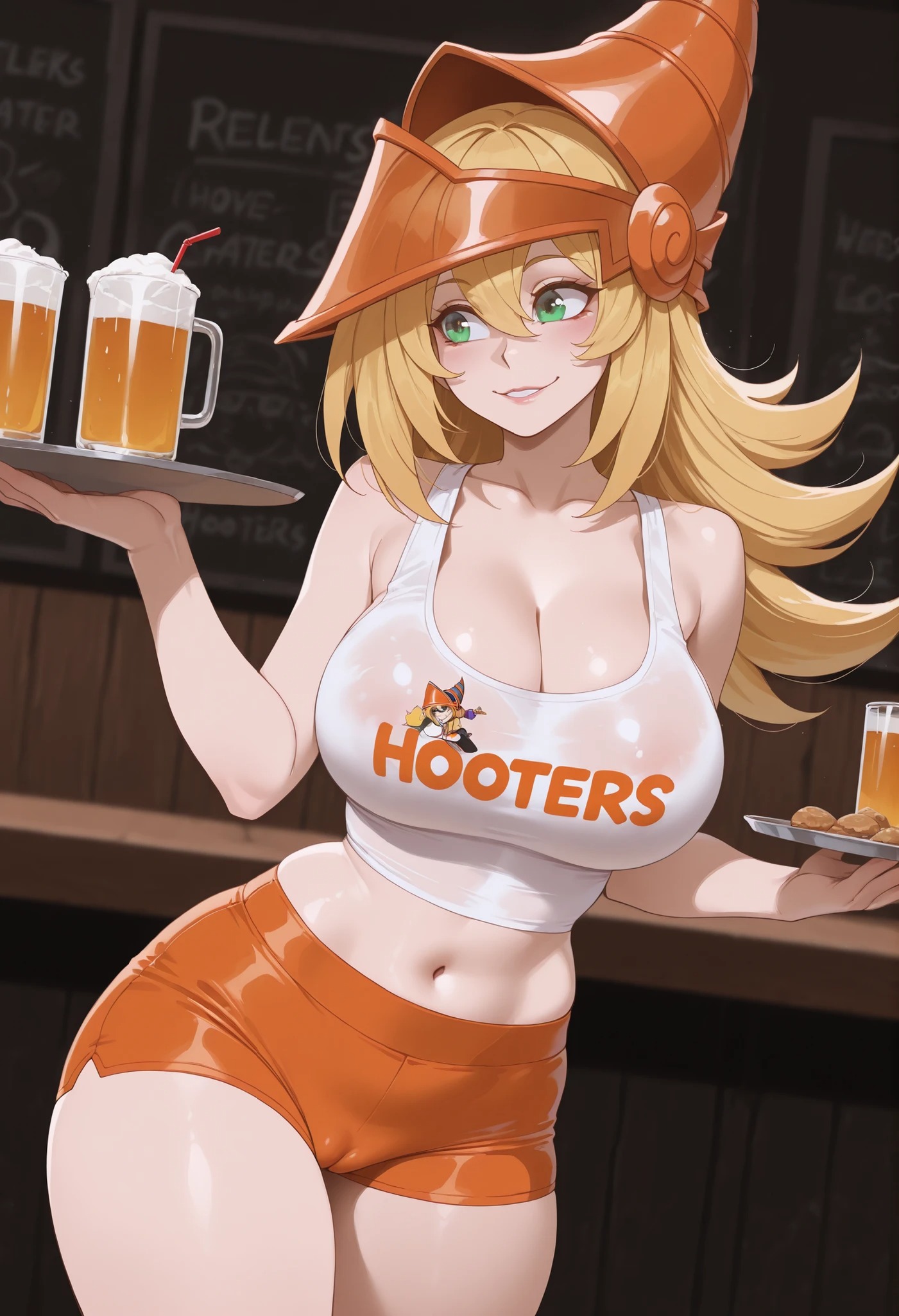 1girls, ai generated, cameltoe, cleavage, dark magician girl, exposed midriff, female, hooters, hooters (parody) , hooters uniform, pussy, tagme, userisbad, yu-gi-oh!
