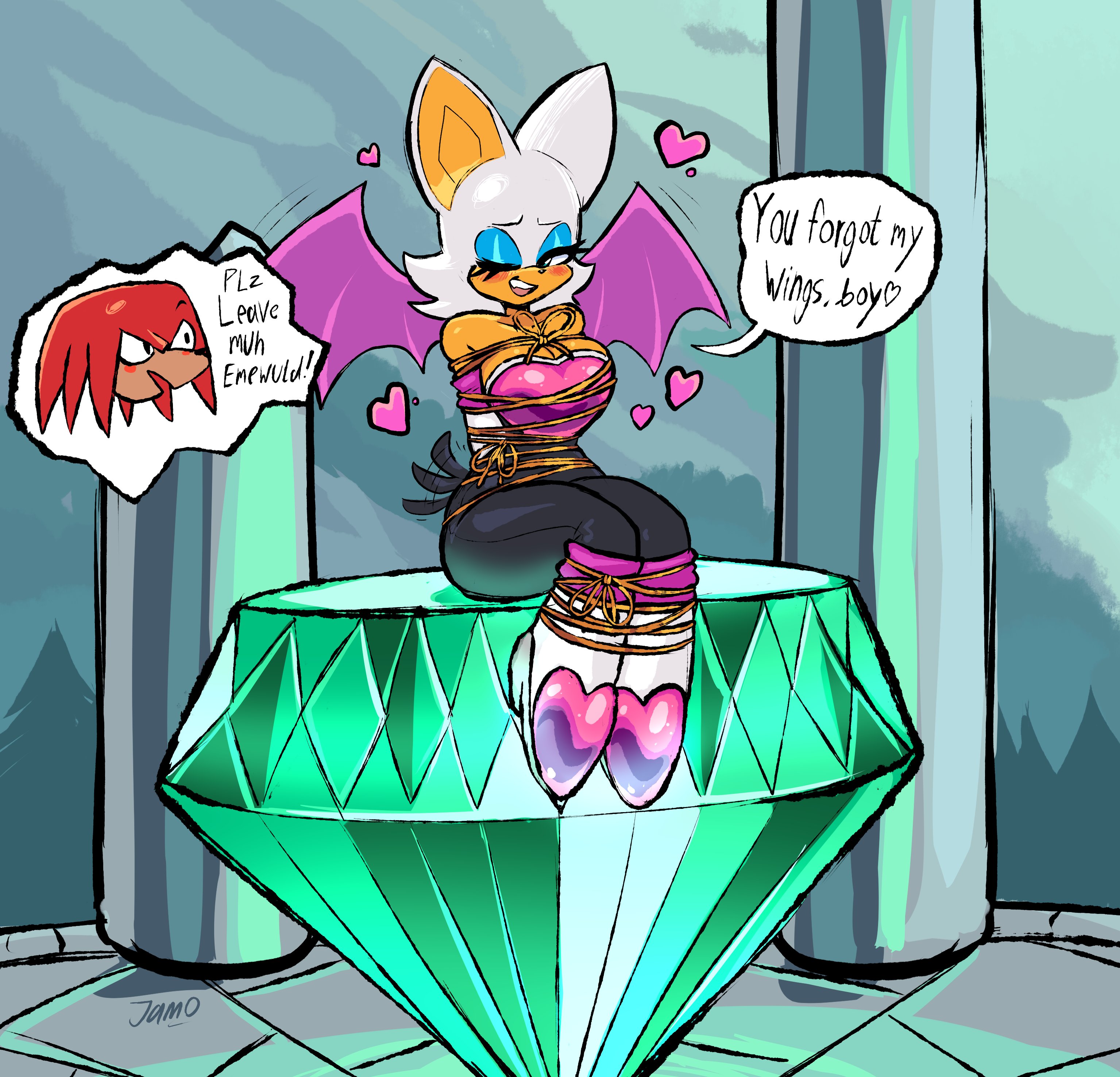 1boy, 1girls, anthro, bat wings, bondage, dialogue, female, femsub, furry, heart symbol, jamoart, knuckles the echidna, male, master emerald, restrained, rope bondage, rouge the bat, sitting, sonic (series), speech bubble, tail, tail motion, teasing, text, tied up, wings