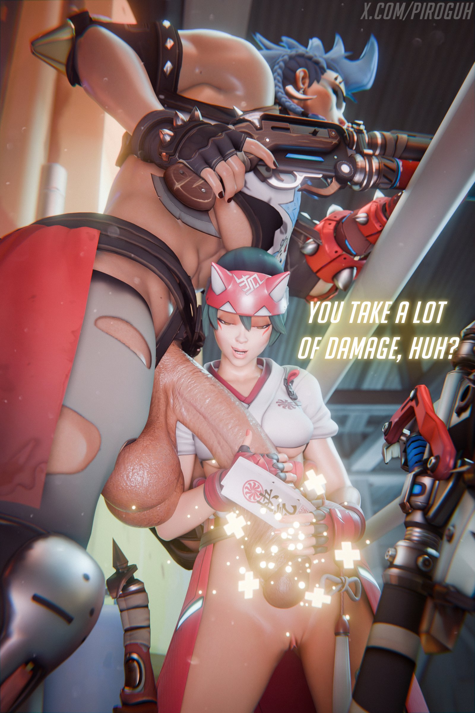 1futa, 1girls, 3d, 3d (artwork), blizzard entertainment, dark skin, dark-skinned futa, female, futa with female, futanari, intersex, junker queen, kiriko (overwatch), looking at penis, looking down, looking pleasured, overwatch, penis, piroguh, size difference, standing